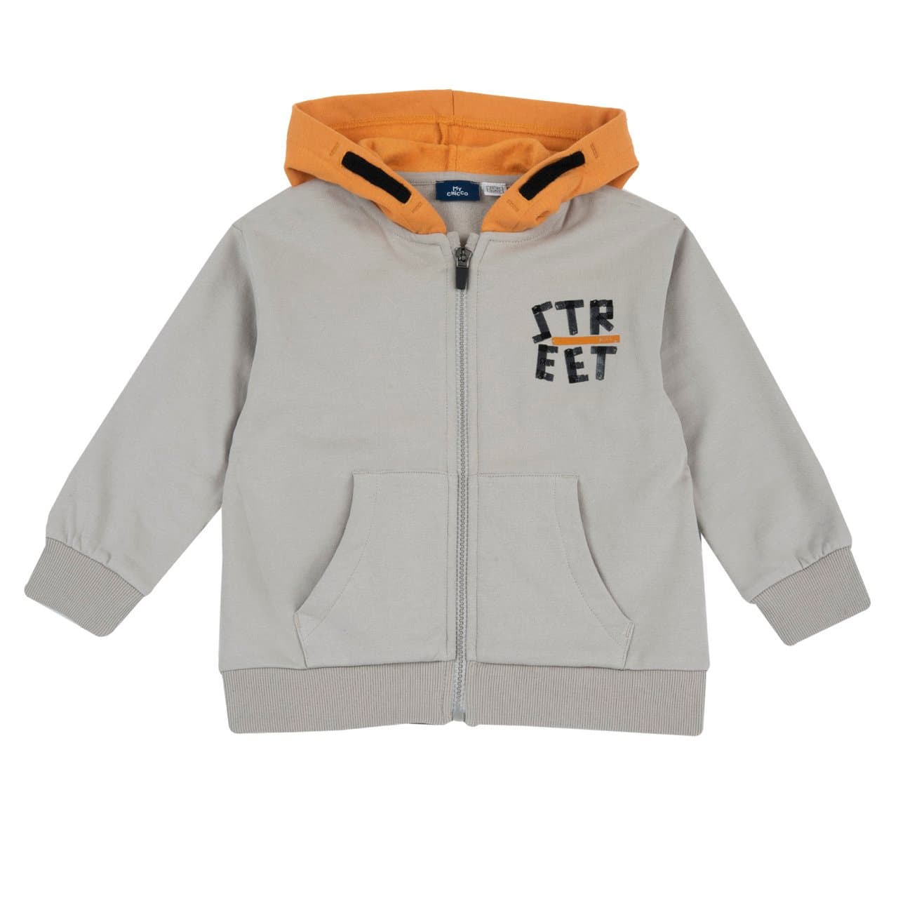 Felpa Con Cappuccio | Chicco Felpa con cappuccio Chicco grigia in cotone non garzato per bambino, con tasca a marsupio, zip e stampe lucide effetto nastro. | Chicco