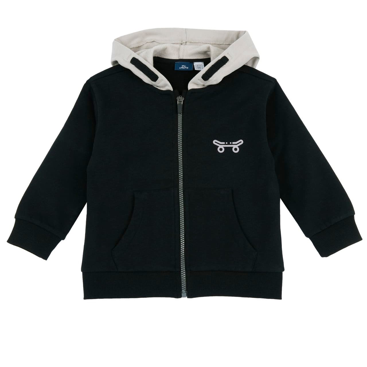 Felpa Con Cappuccio | Chicco Felpa con cappuccio Chicco grigia in cotone non garzato per bambino, con tasca a marsupio, zip e stampe lucide effetto nastro. | Chicco