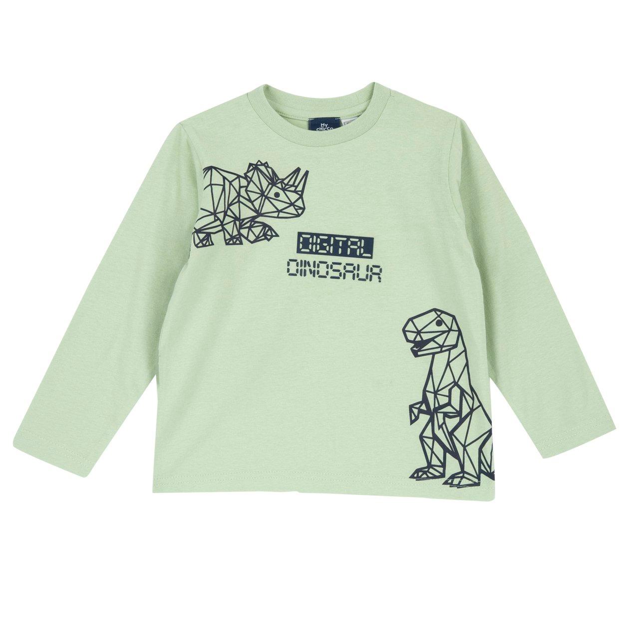 Maglietta Dinosauro | Chicco Maglietta a manica lunga verde in jersey di cotone Chicco per bambino con stampa dinosauro in rilievo sul davanti e digitale sul retro, girocollo e bottoni automatici sulla spalla. | Chicco