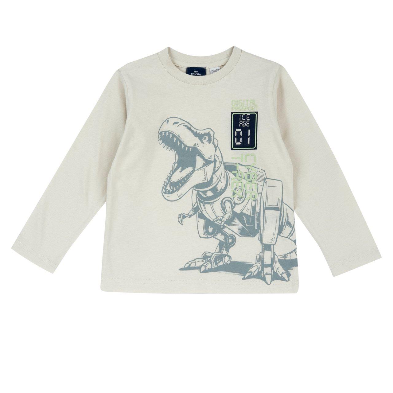 Maglietta Dinosauro | Chicco Maglietta a manica lunga verde in jersey di cotone Chicco per bambino con stampa dinosauro in rilievo sul davanti e digitale sul retro, girocollo e bottoni automatici sulla spalla. | Chicco