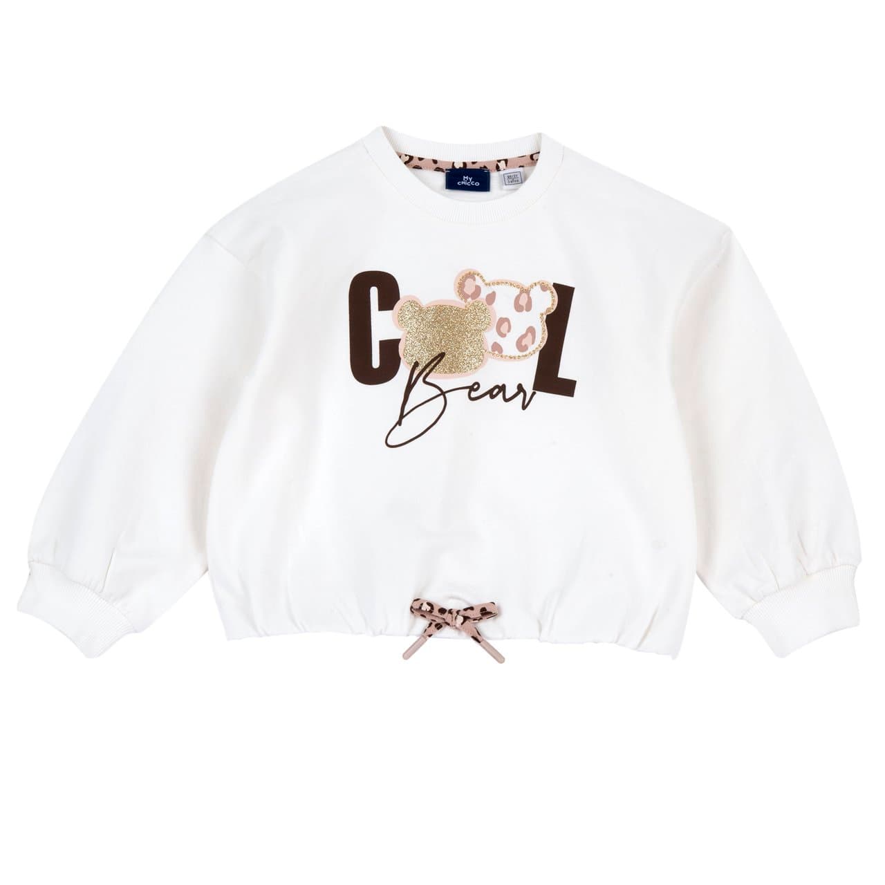 Felpa Girocollo | Chicco Felpa girocollo bianca da bambina Chicco in cotone elasticizzato con stampa glitter oro, fiocchetto maculato e dettagli in costina. | Chicco