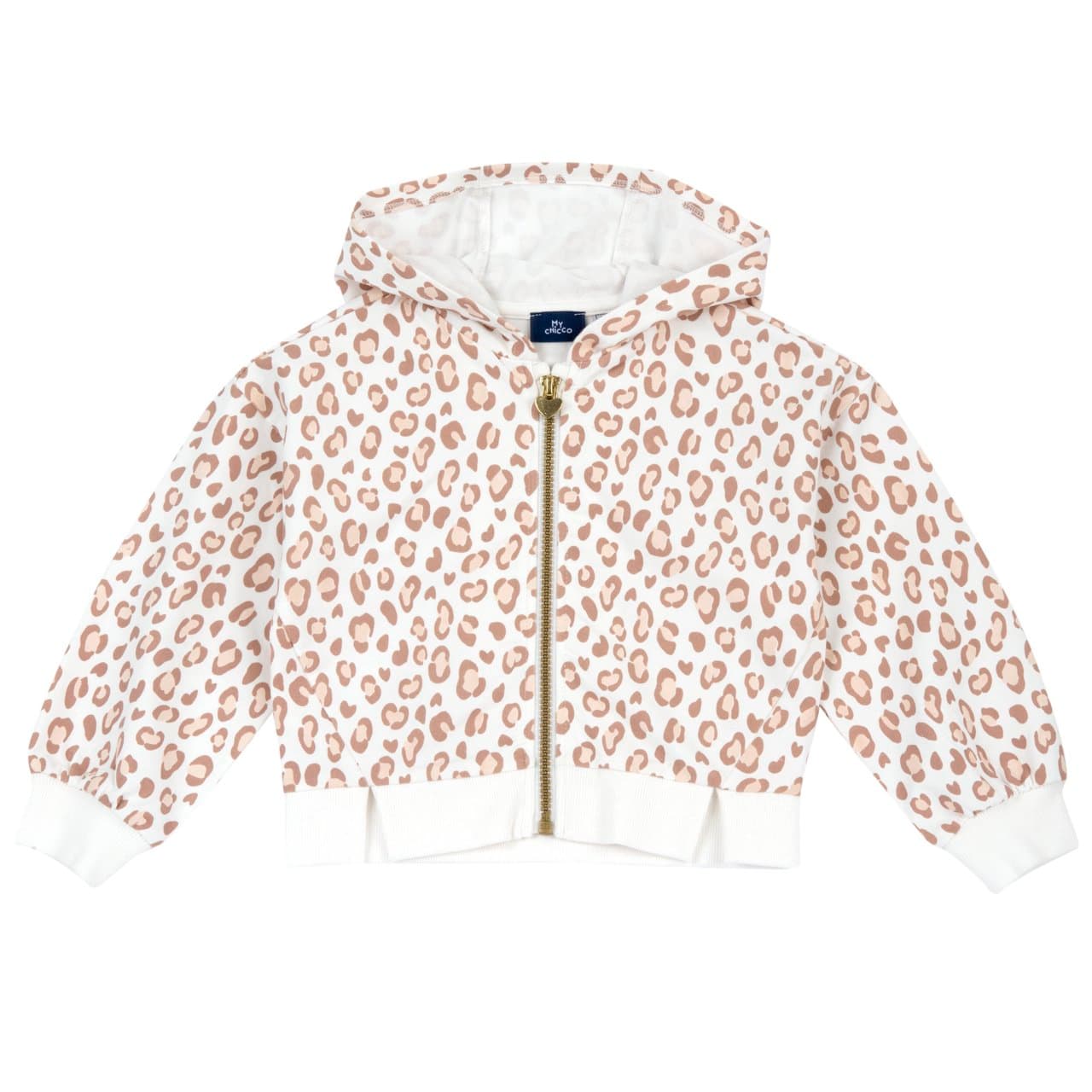 Felpa Stampata Con Cappuccio | Chicco Felpa con cappuccio da bambina Chicco beige con stampa maculata, zip metallizzata e copri zip di sicurezza. | Chicco