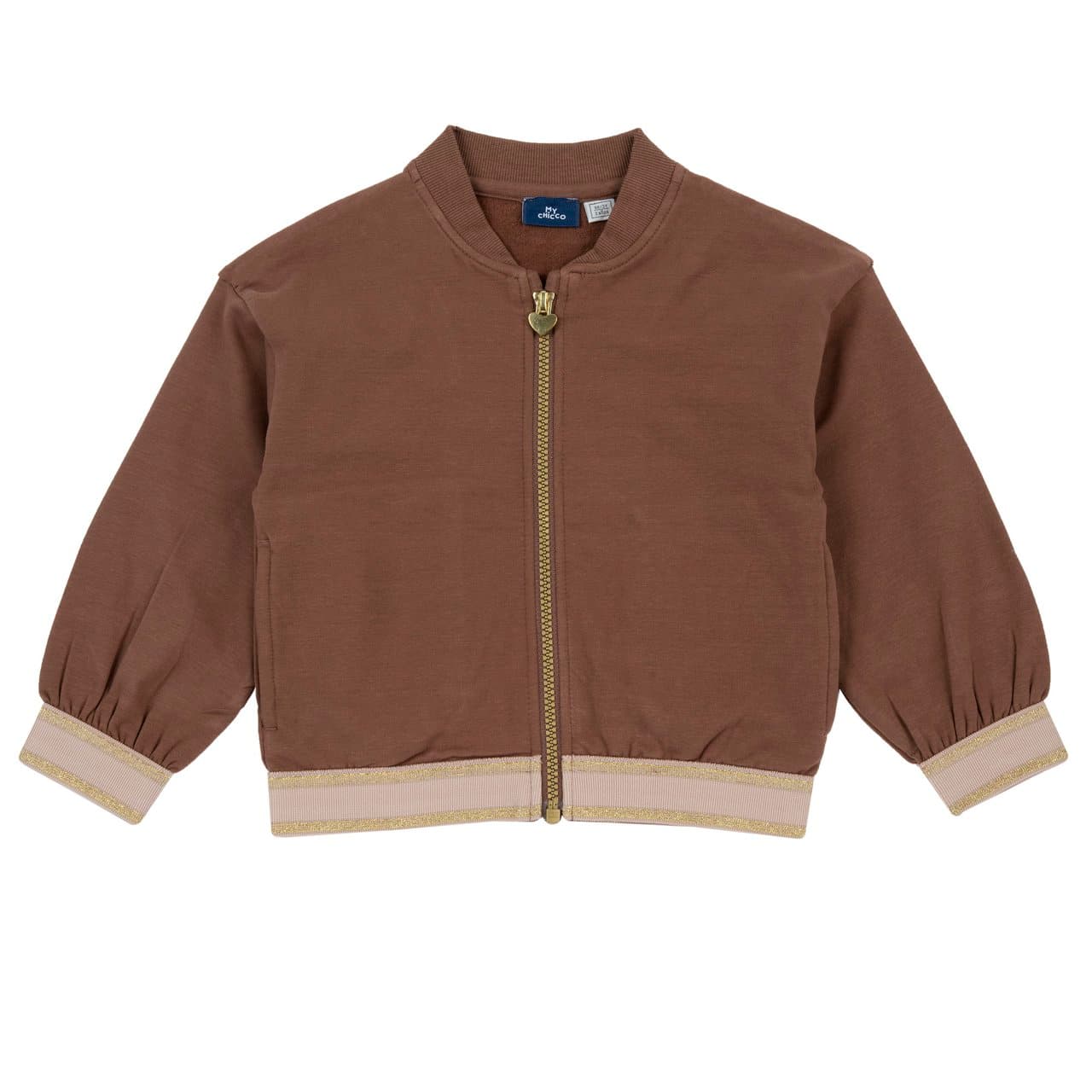 Felpa Con Zip | Chicco Felpa bomber marrone con zip per bambina Chicco in cotone elasticizzato non garzato, con polsini e fondo a costina luminosi e cursore a cuore. | Chicco