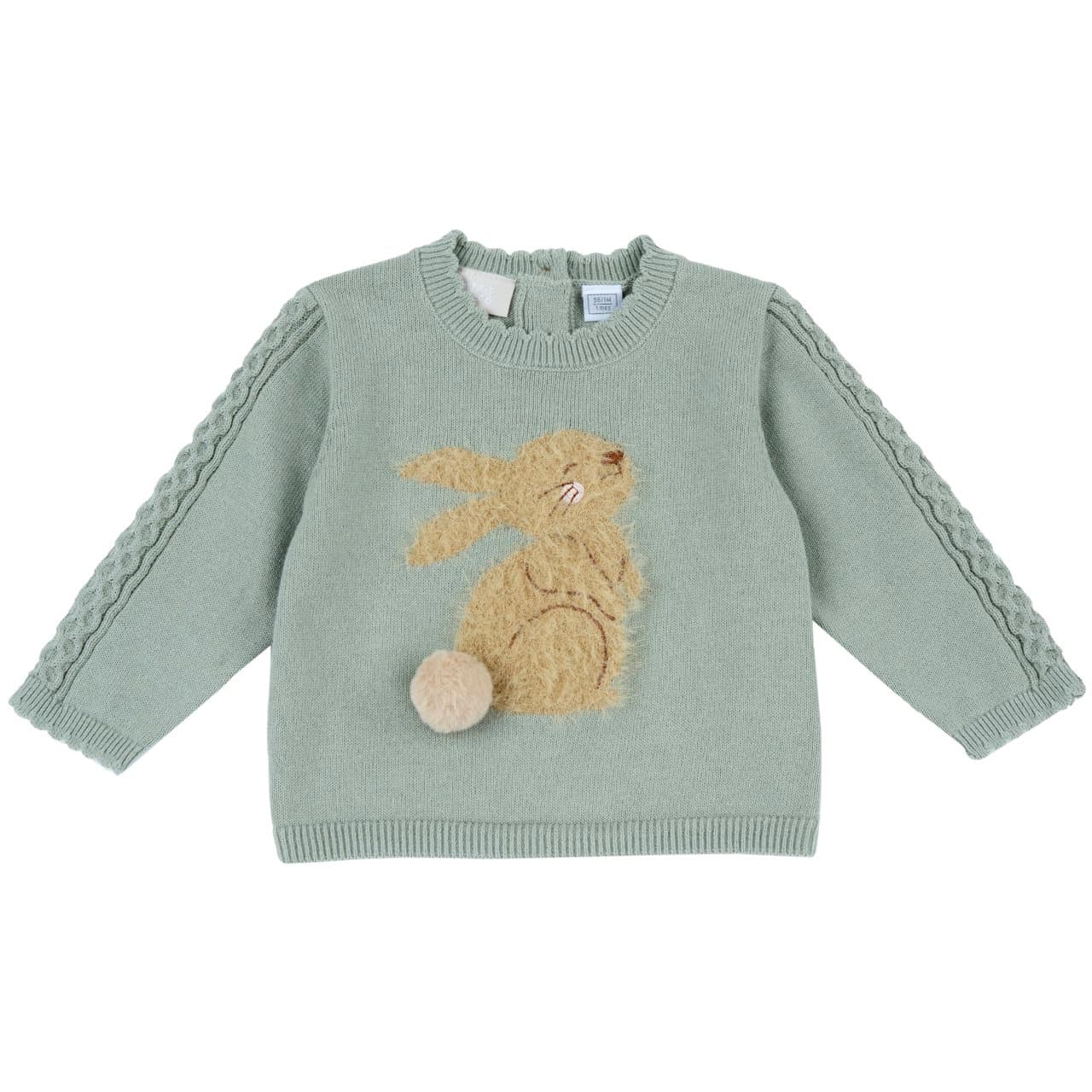 Maglione Ricamato | Chicco Maglione girocollo verde da bambina Chicco con ricamo jacquard, pompon e bordo smerlato, lavorazione a trecce sulle maniche, in cotone e poliammide. | Chicco