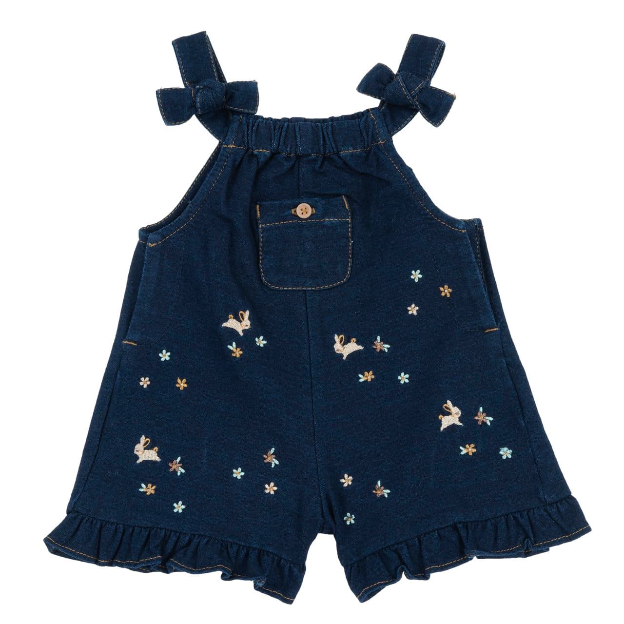 Salopette Ricamata | Chicco Salopette corta blu in interlock elasticizzato Chicco per bambina, con ricamo di coniglietti e fiorellini, bretelle regolabili e bottoncino effetto legno. | Chicco
