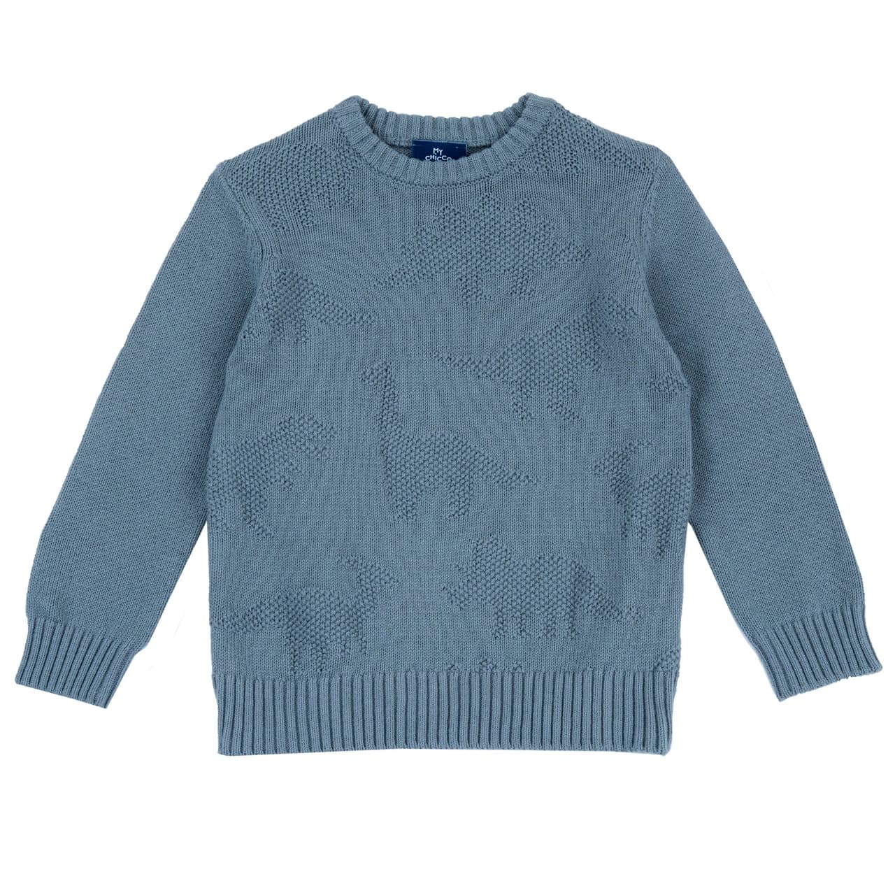 Maglione Disegno Jacquard Dinosauri | Chicco Maglione girocollo Chicco grigio con disegno jacquard di dinosauri e lavorazione a grana di riso, in misto cotone, poliammide e lana. | Chicco