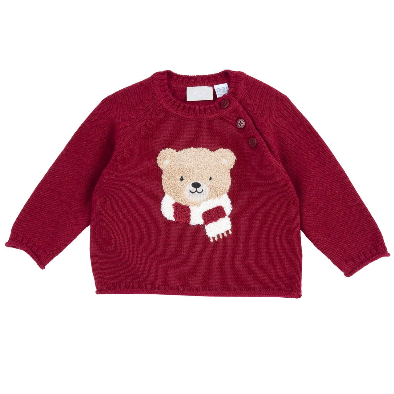 Maglione Girocollo | Chicco Maglione girocollo rosso da bambino Chicco con orso ricamato effetto spugna, realizzato in misto cotone, poliammide e lana, con bottoni sull'apertura raglan. | Chicco
