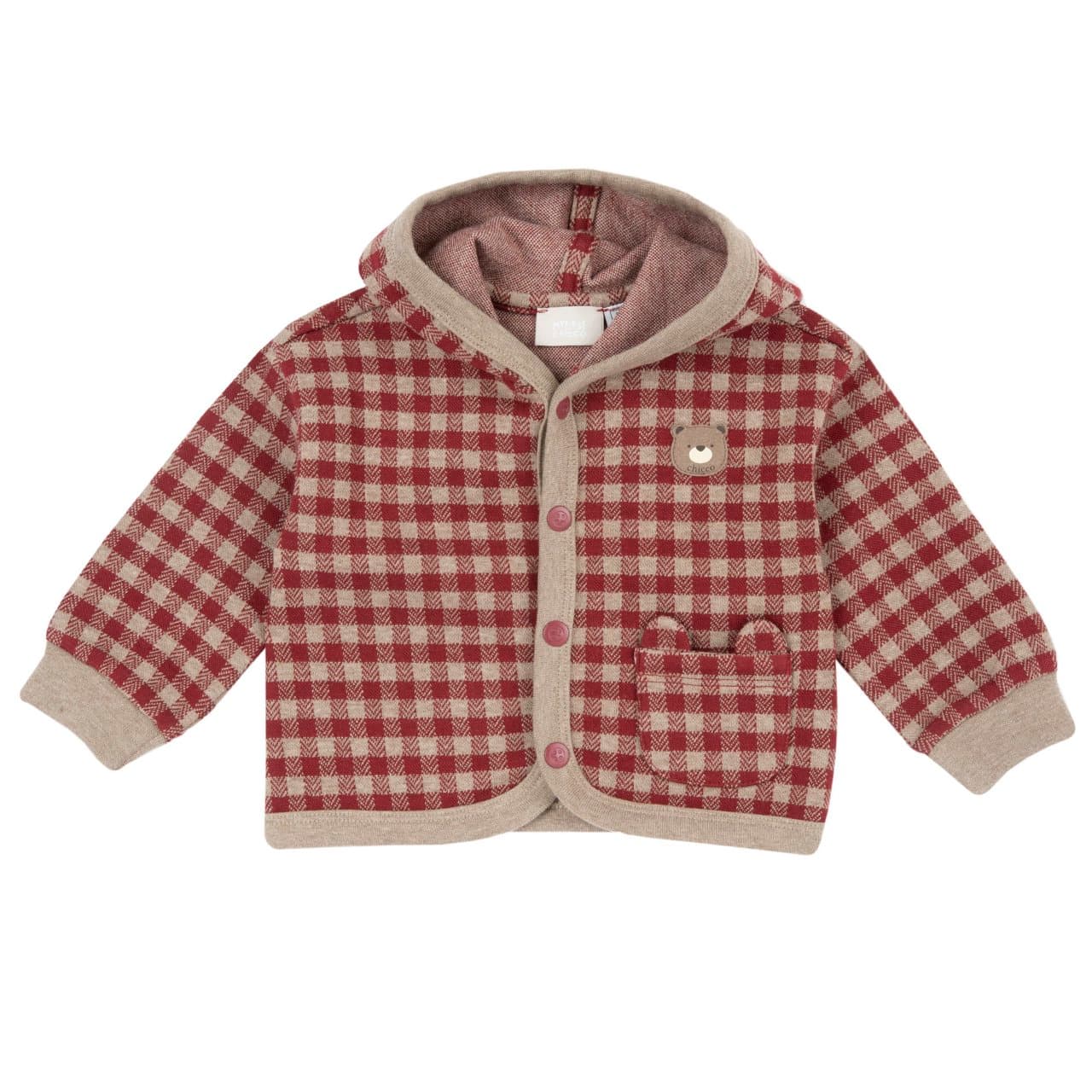 Cardigan Con Cappuccio | Chicco Cardigan con cappuccio rosso Chicco per bambino in interlock elasticizzato con fantasia jacquard a quadretti, chiusura a bottoni automatici e tasca con orecchie. | Chicco