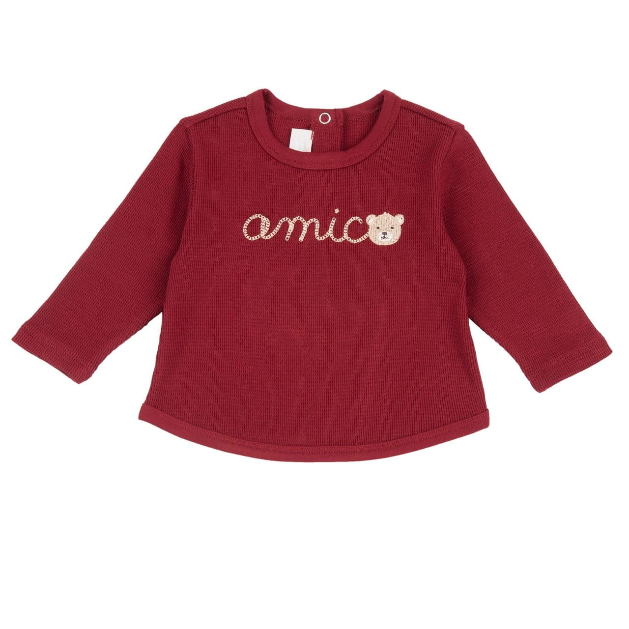 Maglietta Manica Lunga | Chicco Maglietta a manica lunga Chicco rossa in jersey di cotone elasticizzato con ricamo orsetto e scritta, ideale per neonati. | Chicco