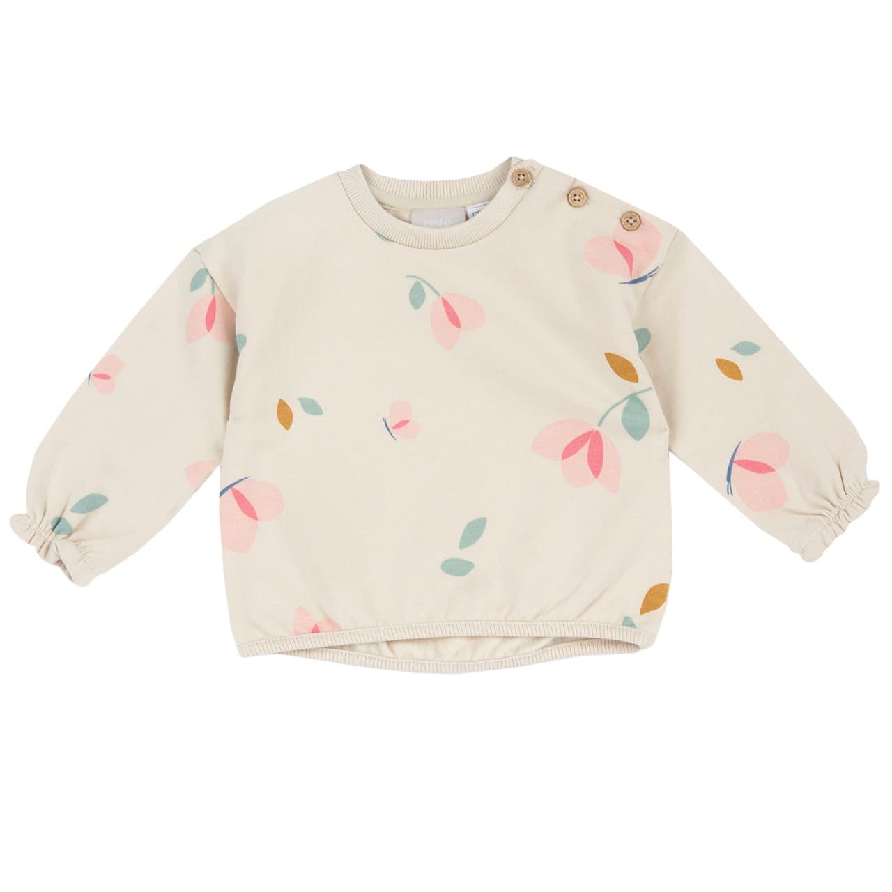 Felpa Girocollo | Chicco Felpa girocollo beige da bambina Chicco con stampa floreale, maniche lunghe e bottoncini effetto legno sulla spalla. | Chicco