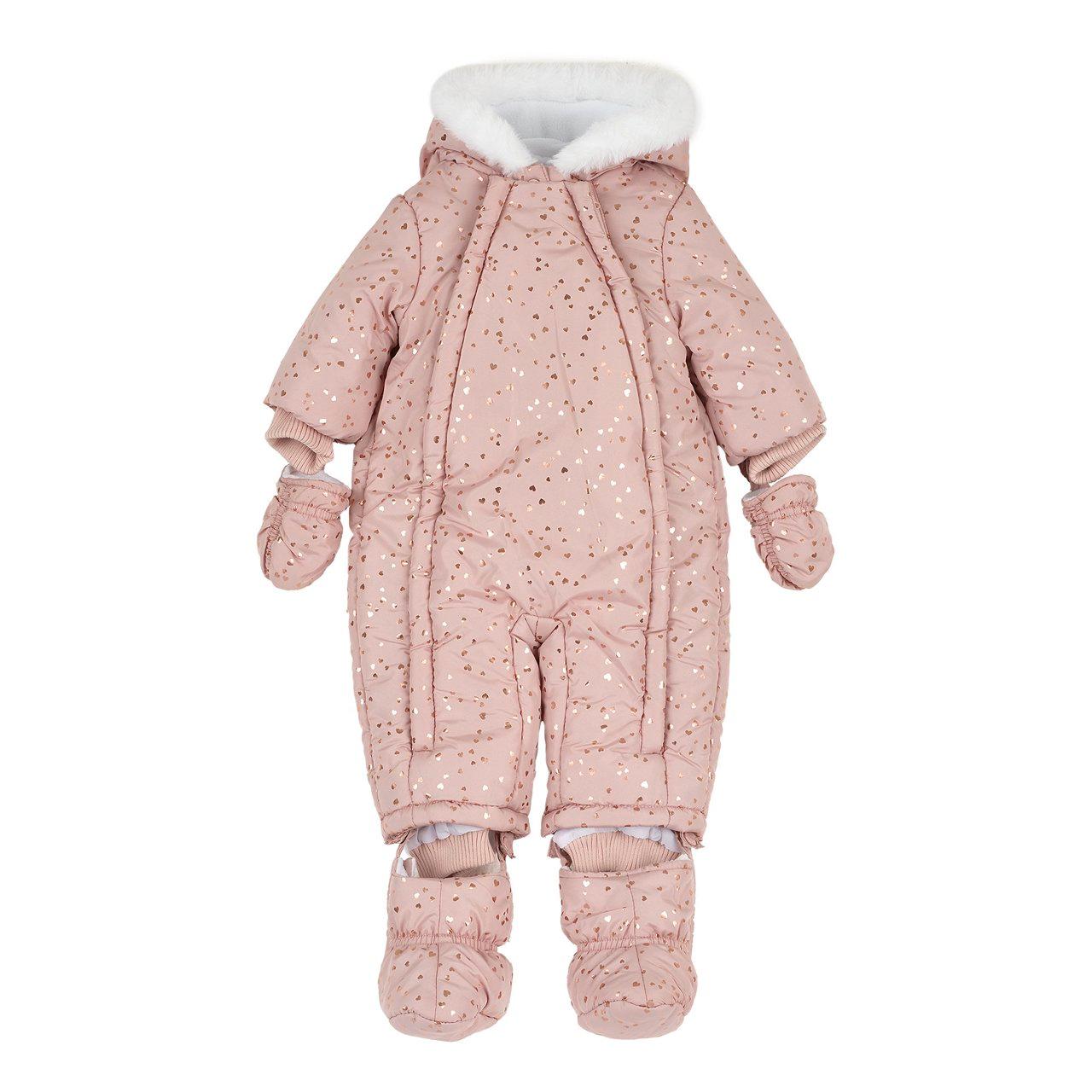Tutina Invernale Imbottita | Chicco Tutina invernale imbottita Chicco rosa per bambina con fantasia di cuoricini dorati, realizzata in tessuto tecnico riciclato idrorepellente con fodera in pile. | Chicco