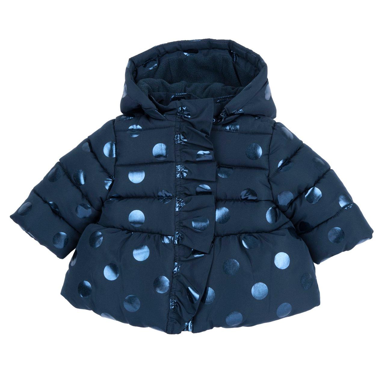 Giubbotto Fantasia Con Cappuccio Rimovibile | Chicco Giubbotto invernale Chicco da bambina blu con fantasia a pois luminosi e cappuccio rimovibile, realizzato in tessuto tecnico riciclato idrorepellente. | Chicco