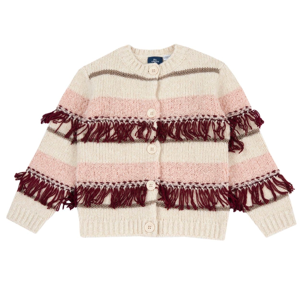 Cardigan In Maglia | Chicco Cardigan in maglia Chicco rosa per bambina con effetto luminoso, motivo a righe, frange decorative e chiusura con bottoni, ideale per l'autunno/inverno. | Chicco