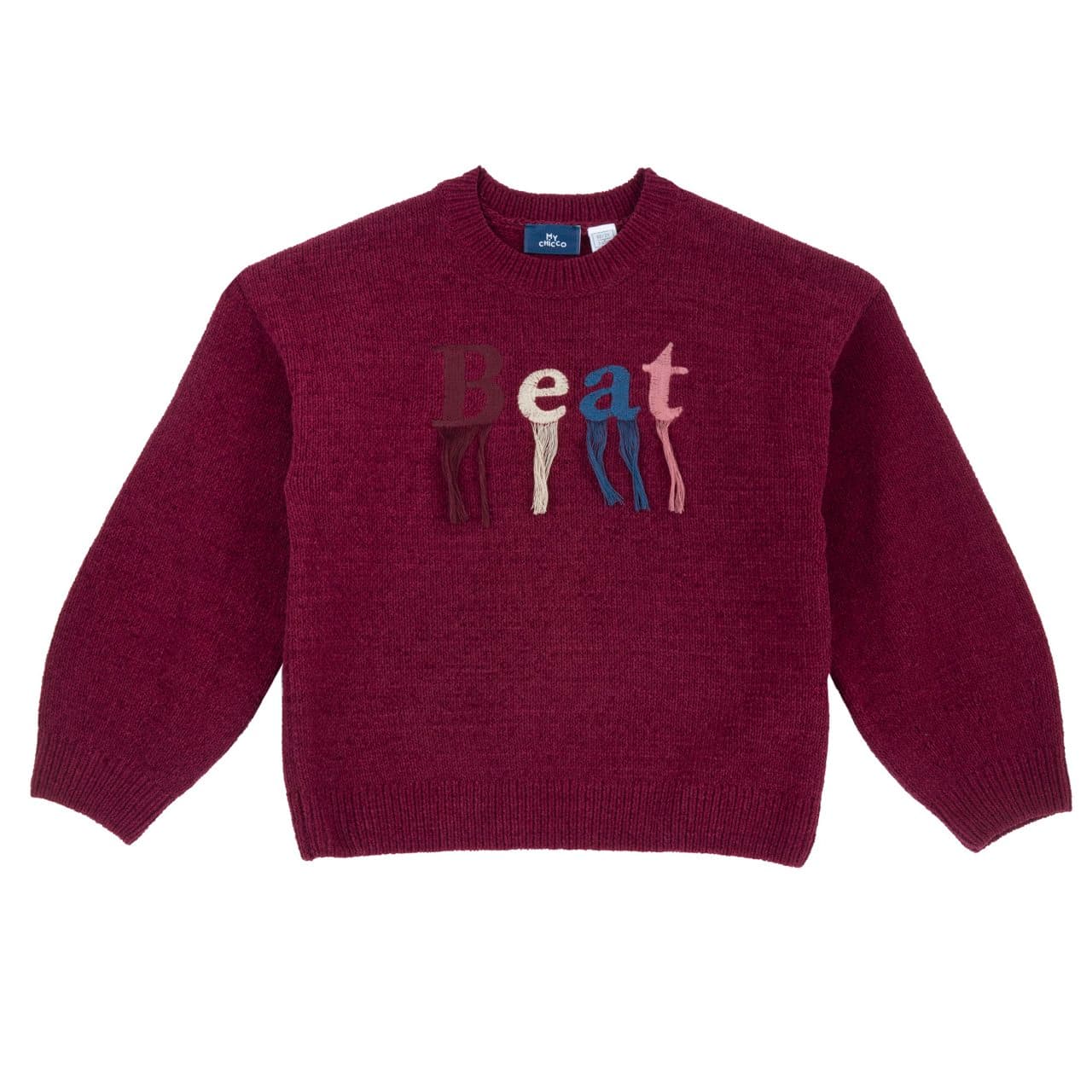 Maglione Girocollo | Chicco Maglione girocollo rosa da bambina Chicco con scritta ricamata lucida e frange, ideale per l'autunno/inverno. | Chicco