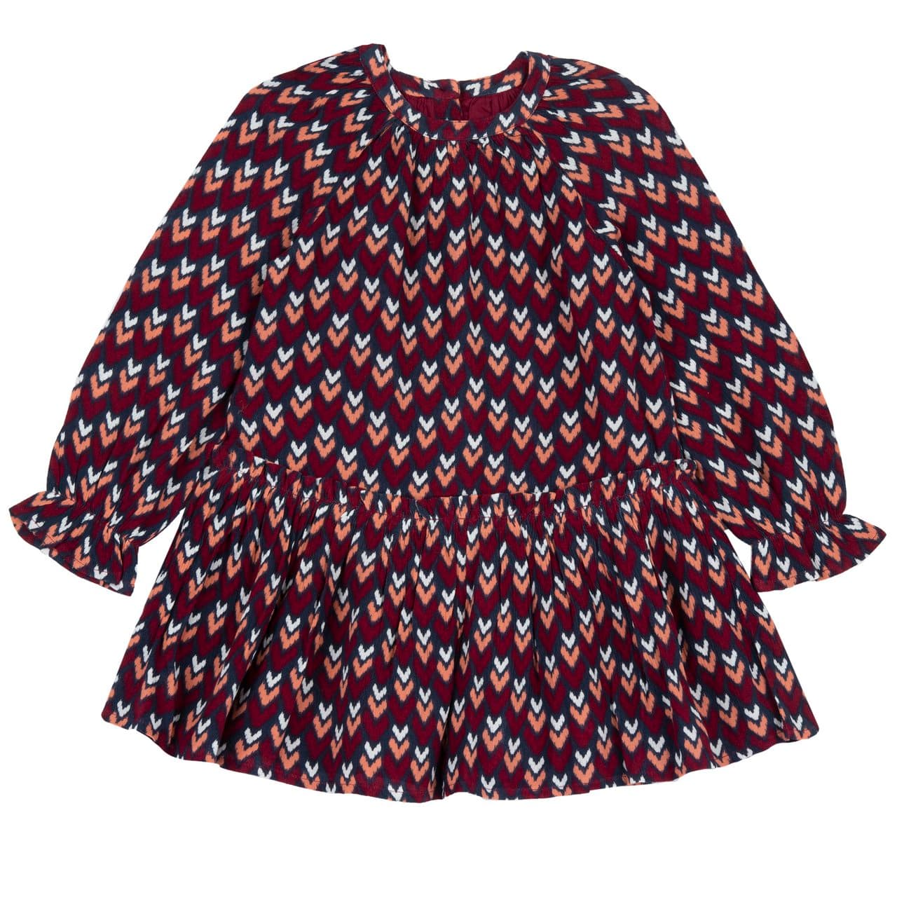 Vestito Manica Lunga Stampato | Chicco Vestito Chicco per bambina a manica lunga in crêpe rosso con stampa fantasia, girocollo e polsini rouches, chiusura posteriore con bottonini madreperla. | Chicco