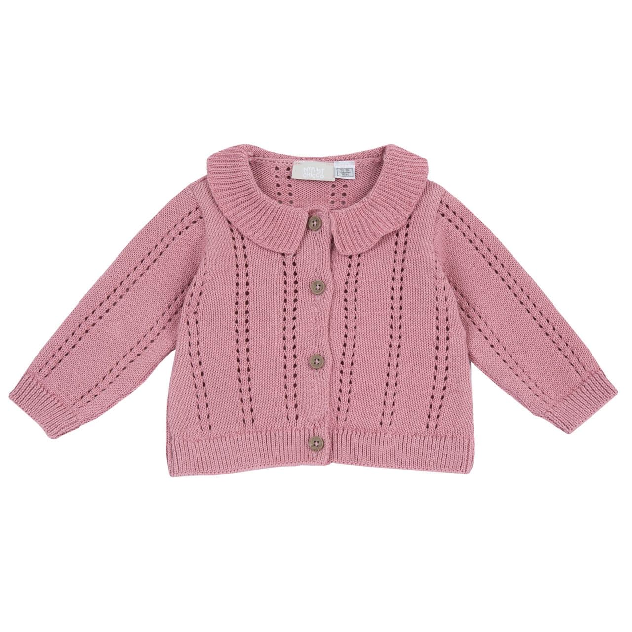 Cardigan In Maglia | Chicco Cardigan in maglia rosa Chicco per bambina con lavorazione traforata, collo a corolla e chiusura con bottoncini effetto legno, ideale per l'autunno/inverno. | Chicco