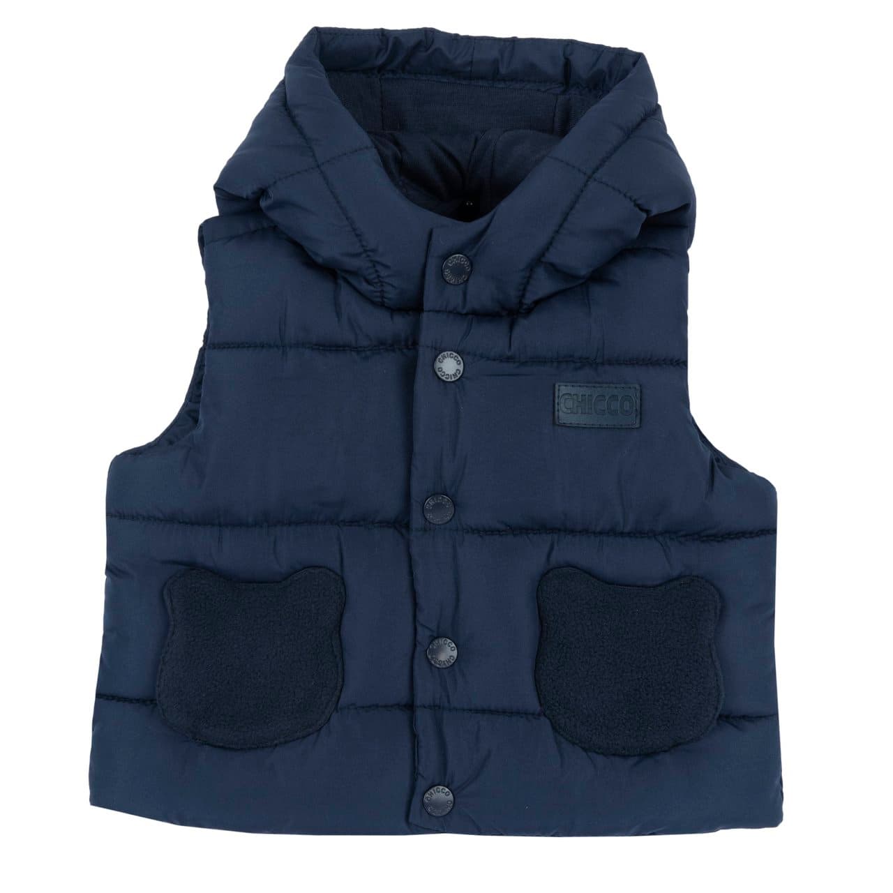 Gilet Imbottito Con Cappuccio | Chicco Gilet imbottito blu Chicco con cappuccio per bambino, con tasche a forma di orso in pile e fodera in jersey di cotone, ideale per l'autunno/inverno. | Chicco