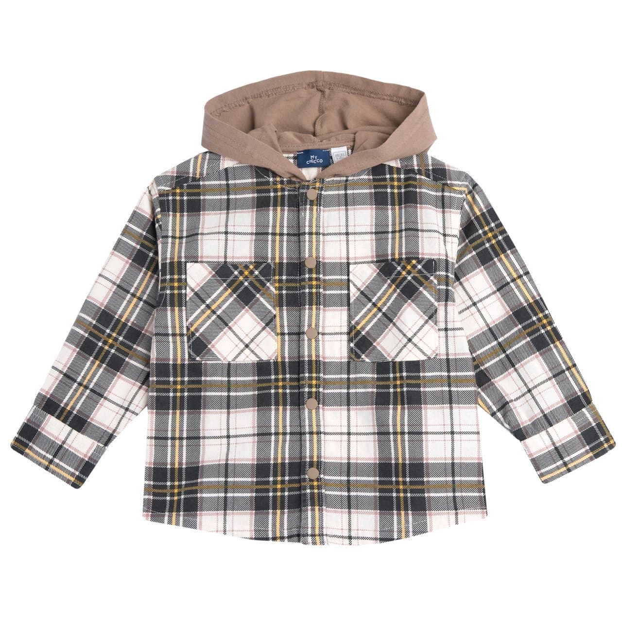 Camicia Fantasia Con Cappuccio | Chicco Camicia fantasia a quadri bianchi con cappuccio in jersey di cotone per bambino, chiusura con bottoni automatici effetto gommato e vestibilità ampia. | Chicco