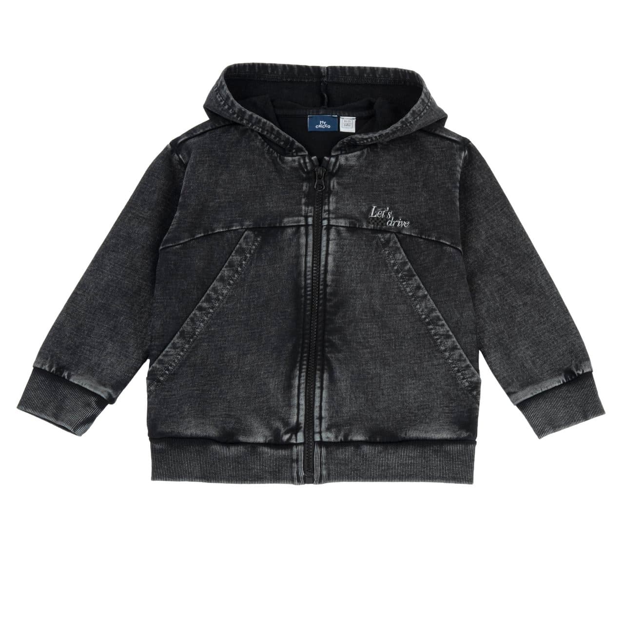 Felpa Con Cappuccio | Chicco Felpa con cappuccio e zip Chicco nera in cotone non garzato per bambino, con ricamo sul petto e tasca a marsupio. | Chicco