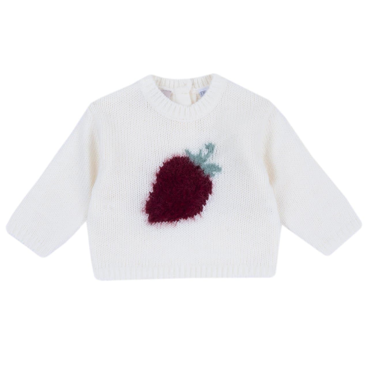 Maglione Ricamato | Chicco Maglione girocollo da bambina Chicco bianco con ricamo a fragola peloso sul davanti, ideale per autunno/inverno. | Chicco