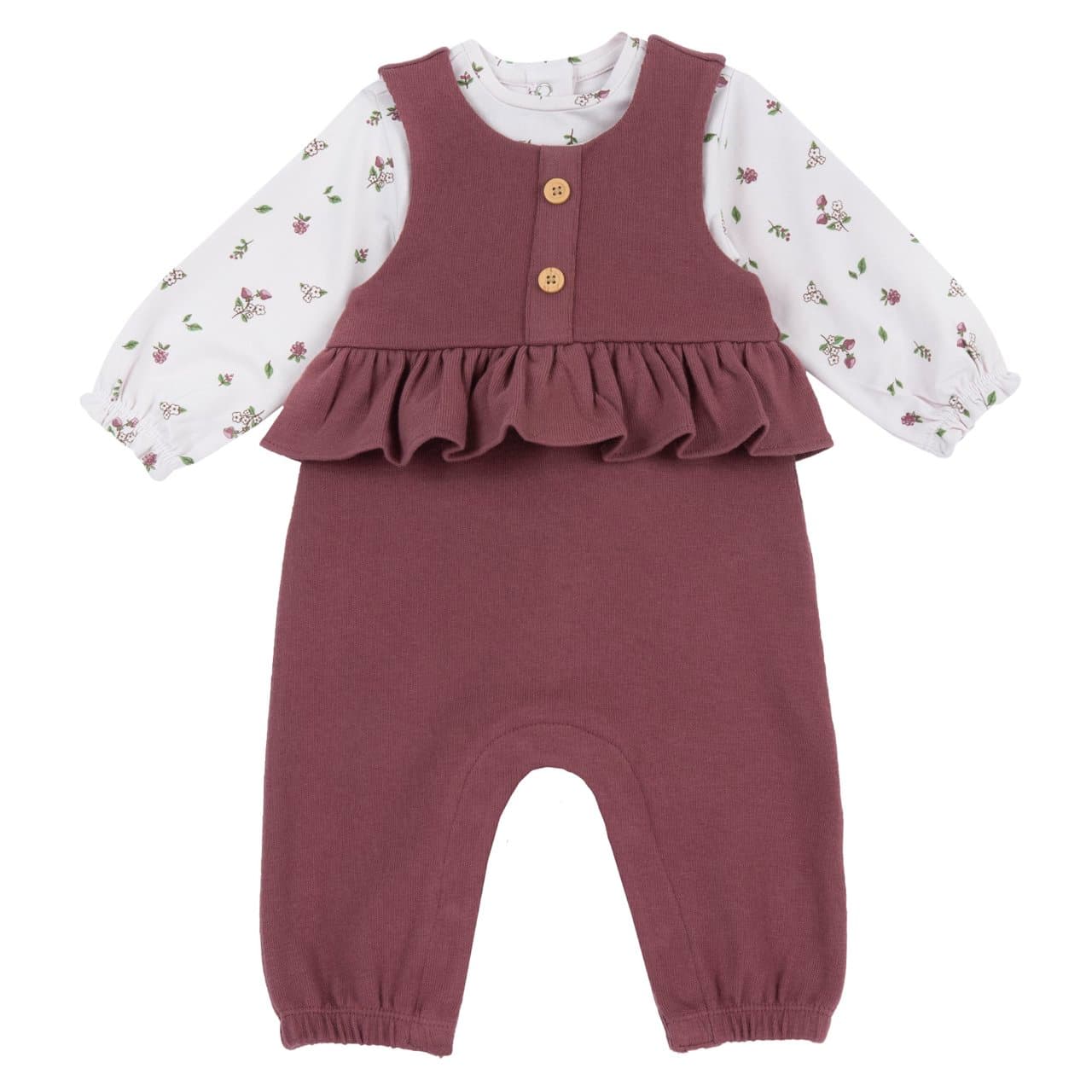 Completo Maglia Con Salopette Lunga | Chicco Completo Chicco rosa per bambina con maglia a maniche lunghe e salopette lunga con rouches, stampa frutti di bosco e bottoni effetto legno. | Chicco