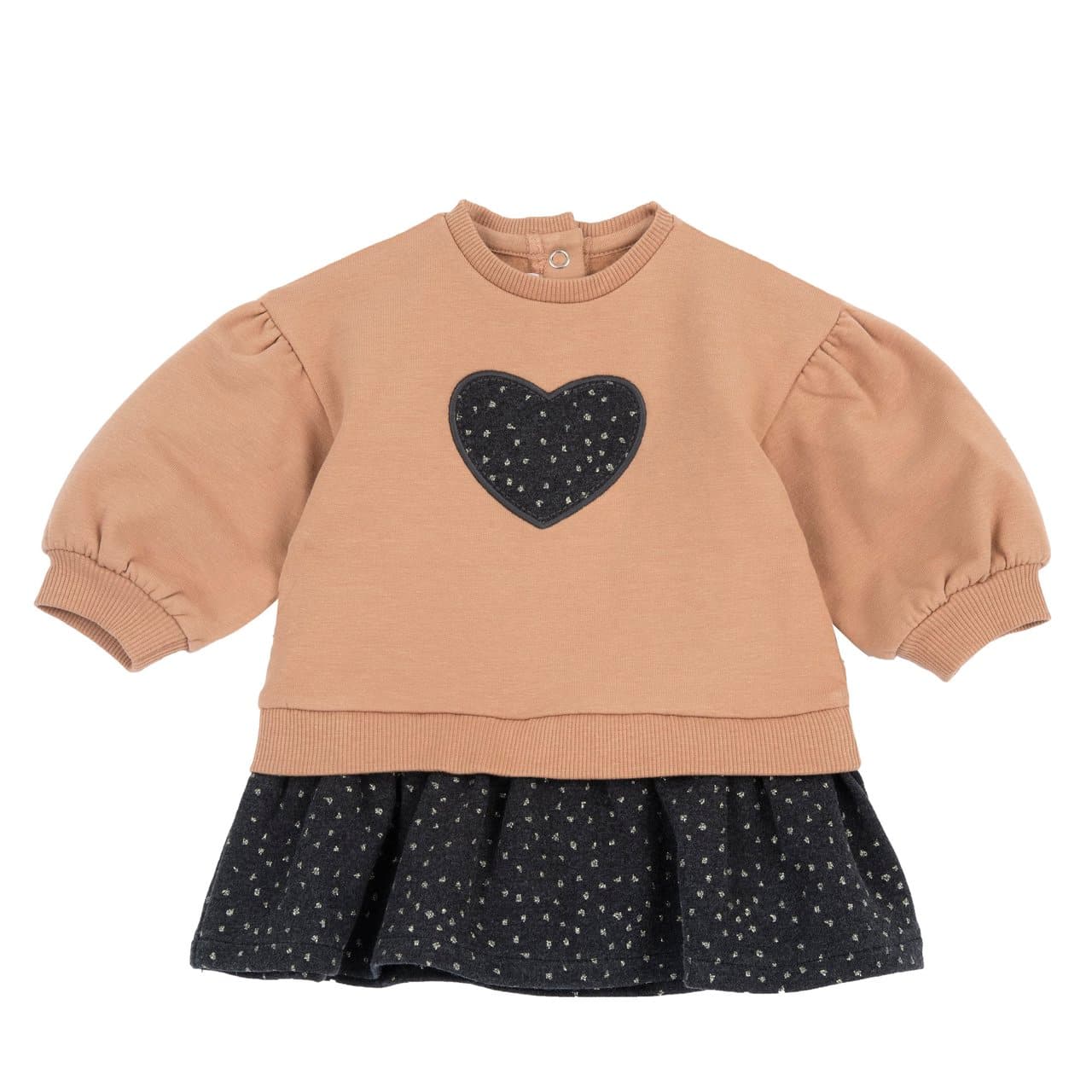 Vestito Manica Lunga Con Balze | Chicco Vestito giallo a manica lunga Chicco per bambina con cuore applicato e gonna a balze con pois dorati, in felpa garzata elasticizzata di cotone. | Chicco
