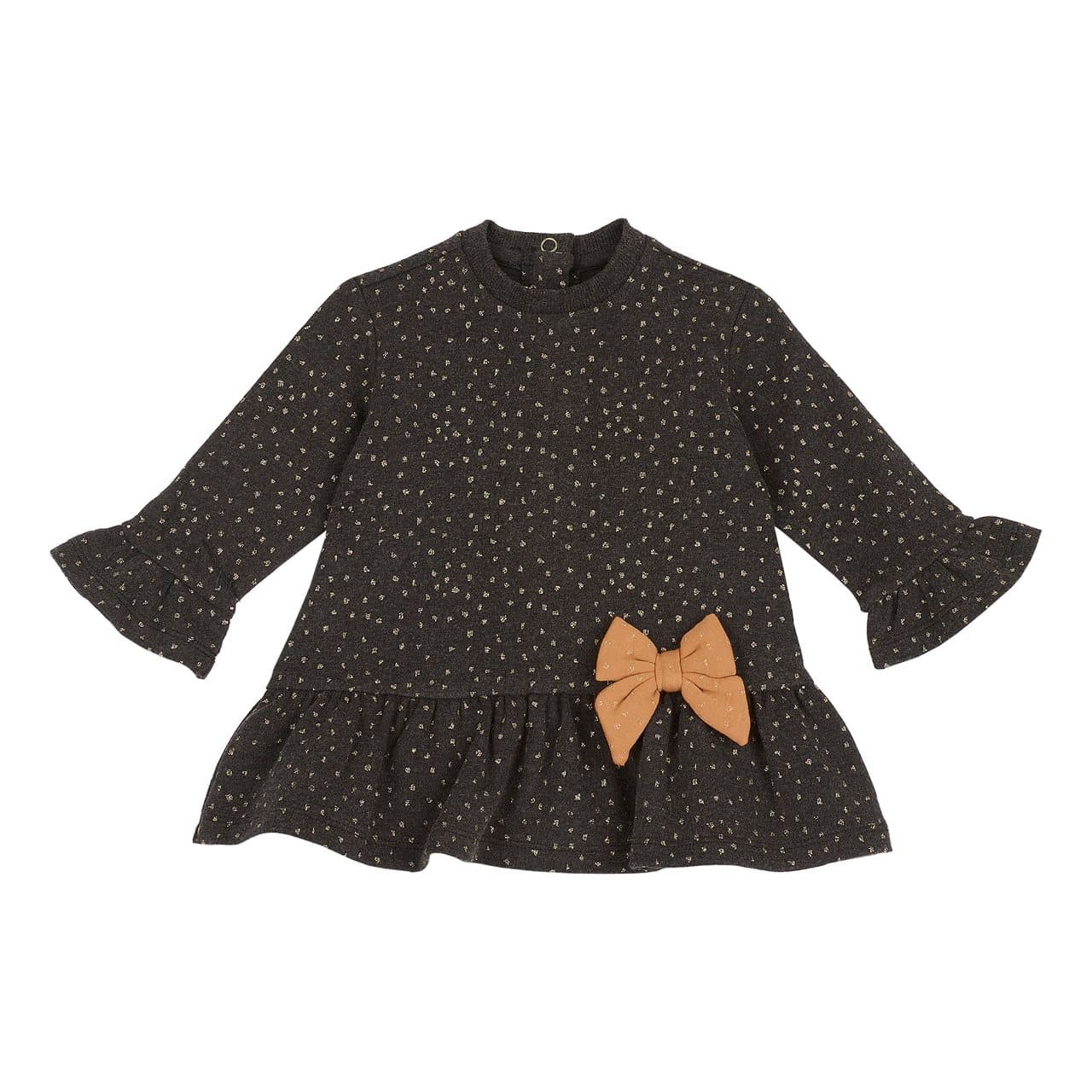 Vestito Manica Lunga Con Balze | Chicco Vestito a manica lunga grigio per bambina Chicco con fantasia a micro pois dorati, balze e fiocco, ideale per l'autunno/inverno. | Chicco