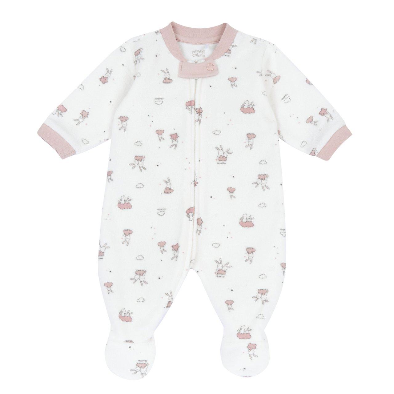 Tutina Aperta Davanti | Chicco Tutina aperta davanti Chicco per bambina in spugnetta bianca con stampa fantasia, chiusura zip e piedini antiscivolo. | Chicco