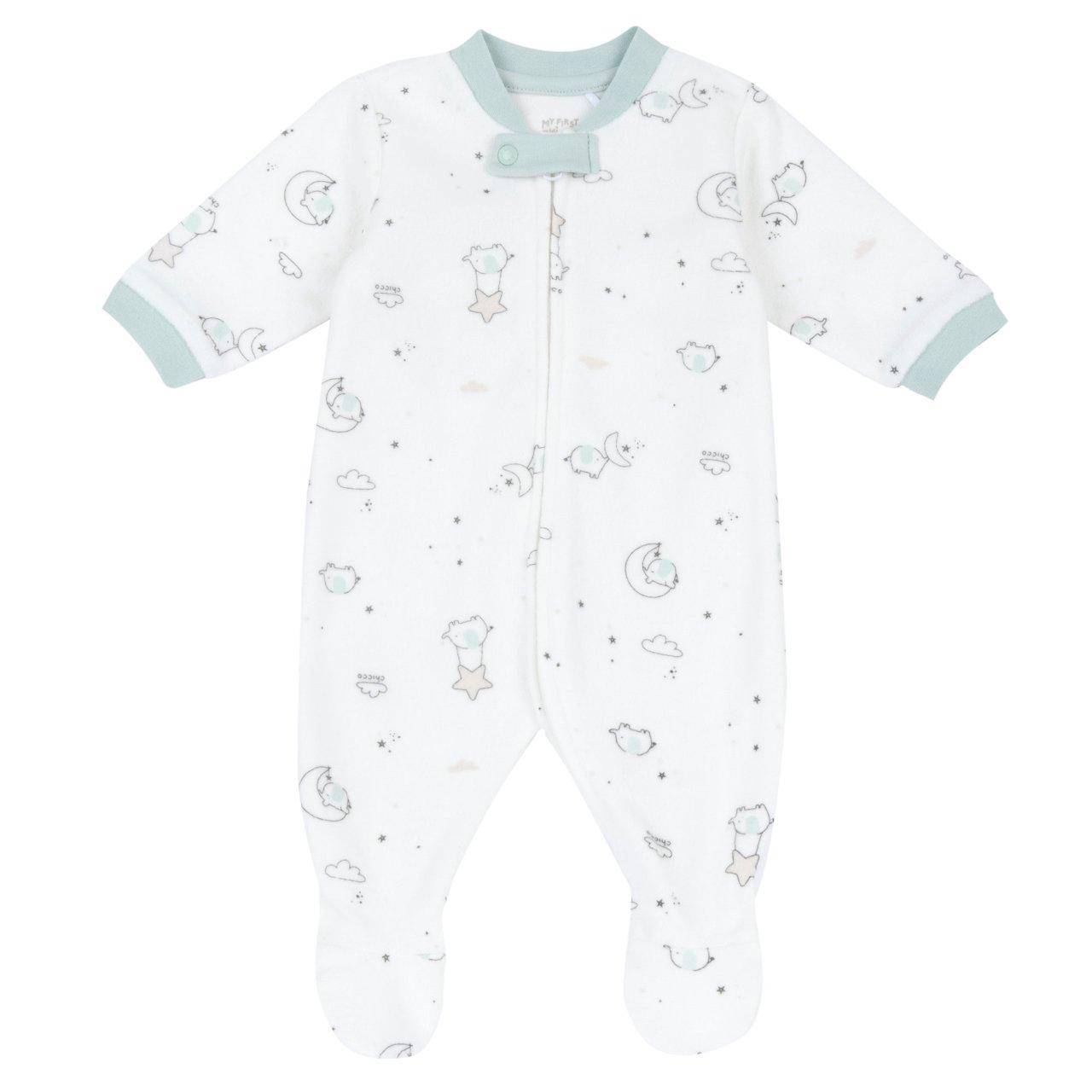 Tutina Aperta Davanti | Chicco Tutina aperta davanti Chicco per bambina in spugnetta bianca con stampa fantasia, chiusura zip e piedini antiscivolo. | Chicco