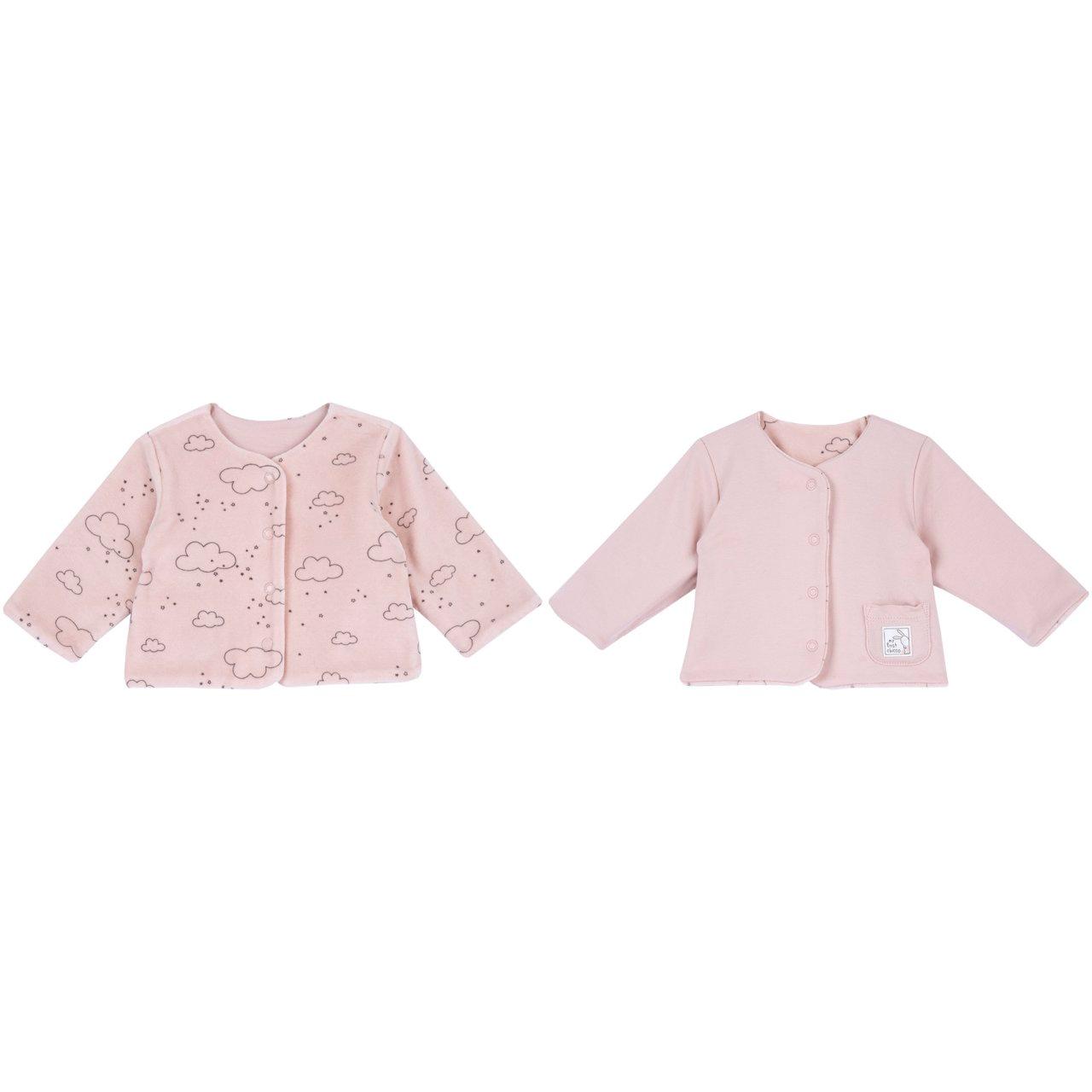 Cardigan Reversibile | Chicco Cardigan reversibile Chicco da bambina in ciniglia rosa con fantasia di nuvolette, interno in interlock, chiusura a bottoncini automatici, taglia 0-12 mesi. | Chicco