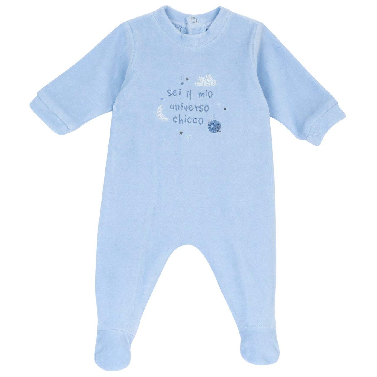 Tutina Aperta Dietro | Chicco Tutina Chicco rosa in ciniglia per bambina, girocollo con grafica ricamata, chiusura posteriore a bottoncini e stampa antiscivolo sotto i piedini. | Chicco