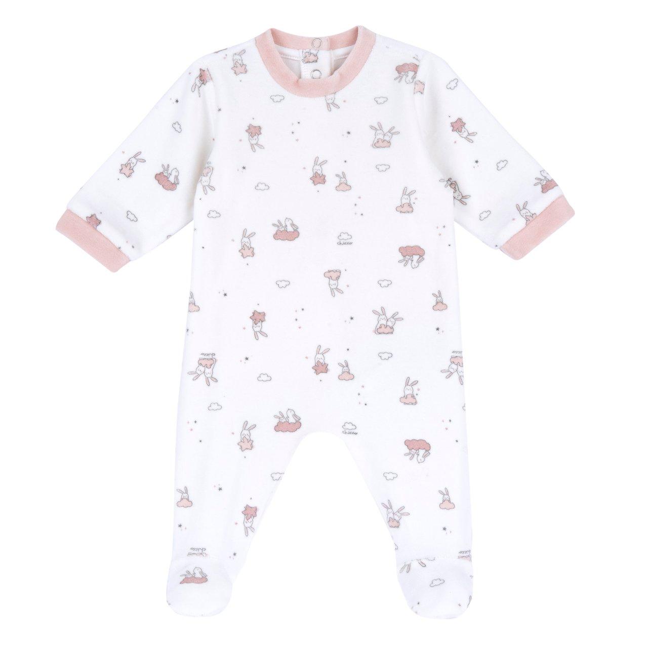 Tutina Aperta Dietro | Chicco Tutina Chicco bianca in ciniglia per bambina, con stampa fantasia, chiusura posteriore con bottoncini automatici e antiscivolo sotto i piedini. | Chicco