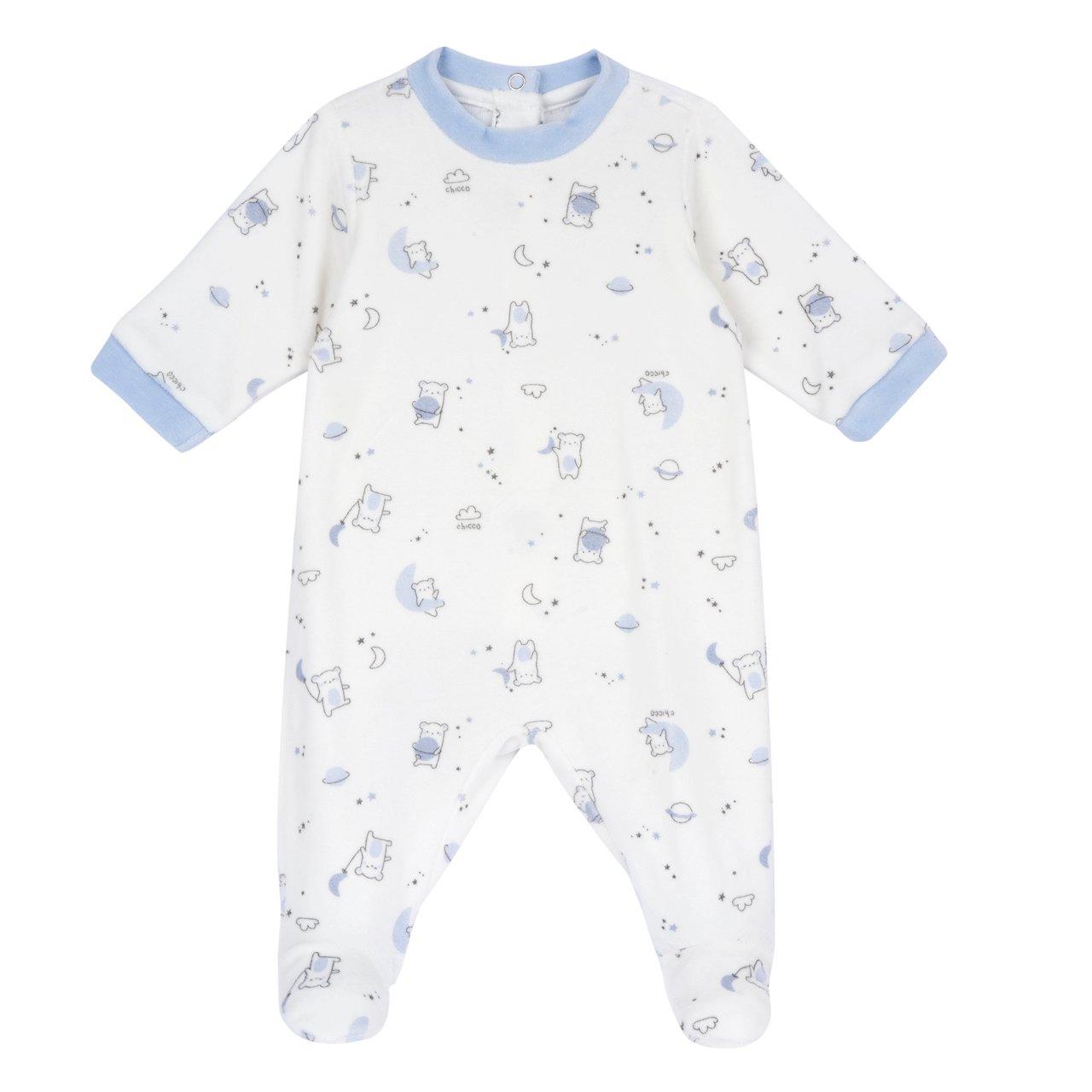 Tutina Aperta Dietro | Chicco Tutina Chicco bianca in ciniglia per bambina, con stampa fantasia, chiusura posteriore con bottoncini automatici e antiscivolo sotto i piedini. | Chicco