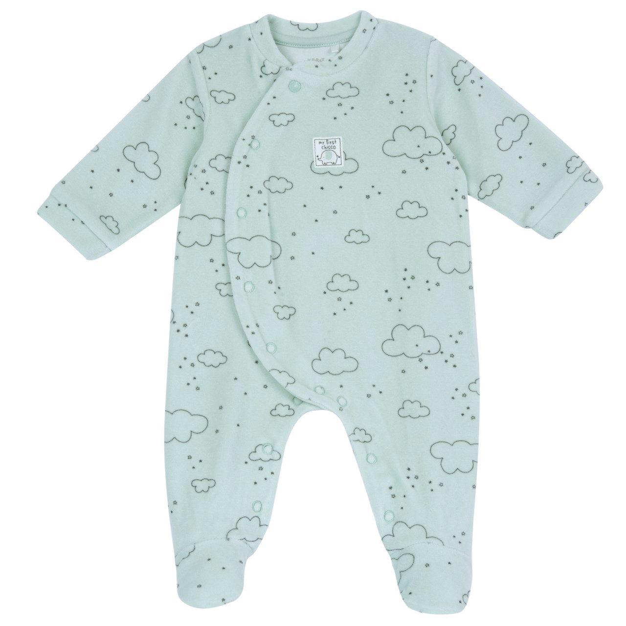Tutina Aperta Davanti | Chicco Tutina aperta davanti Chicco in ciniglia rosa per bambina, con stampa a nuvolette e piedini antiscivolo. | Chicco