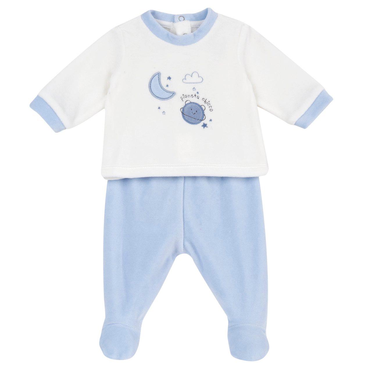 Completo Maglia E Pantaloni Con Piedini | Chicco Completo Chicco rosa in ciniglia per bambina, maglia con bottoncini e ghettina coordinata, grafica con applicazione e ricamo, certificato Oeko-Tex. | Chicco