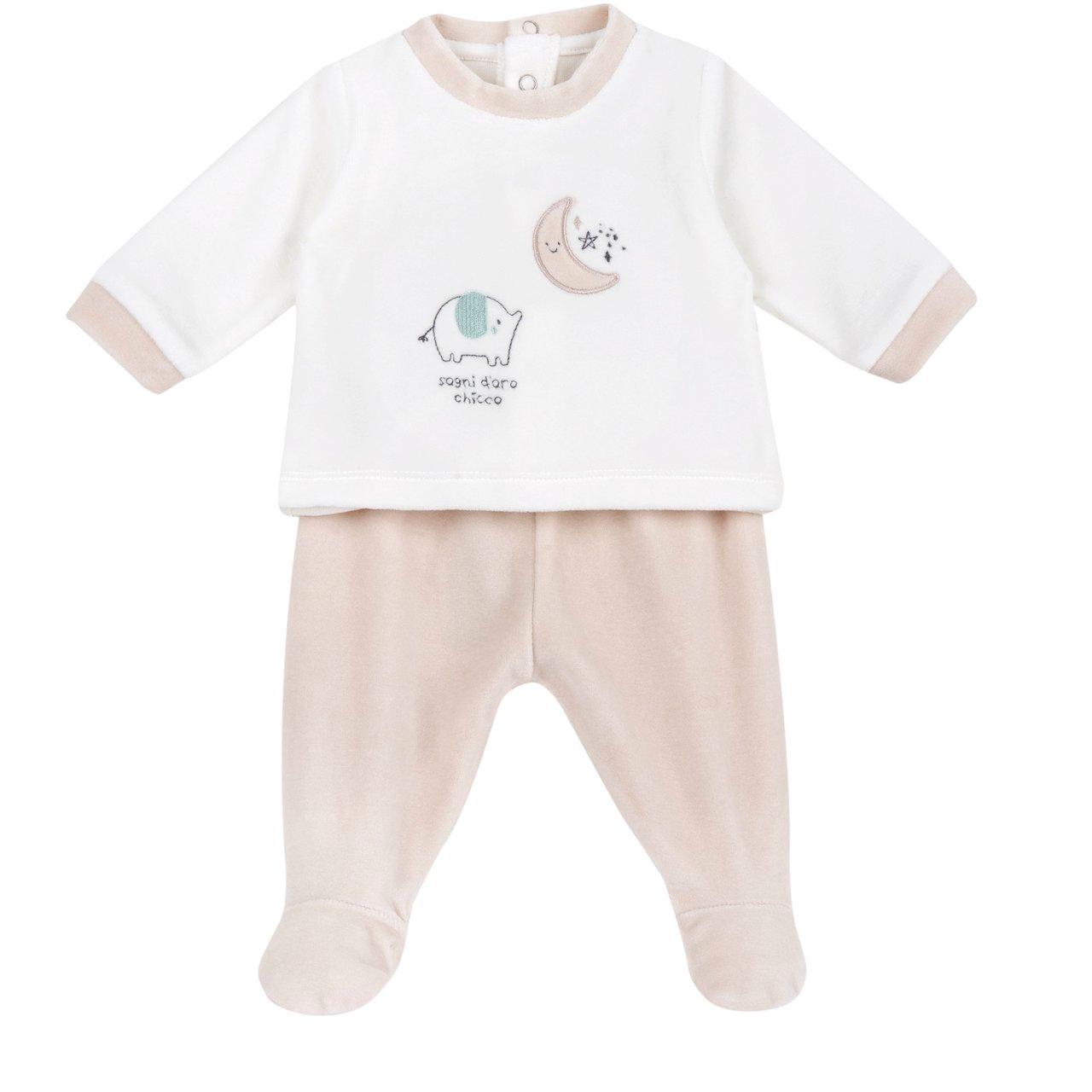 Completo Maglia E Pantaloni Con Piedini | Chicco Completo Chicco rosa in ciniglia per bambina, maglia con bottoncini e ghettina coordinata, grafica con applicazione e ricamo, certificato Oeko-Tex. | Chicco