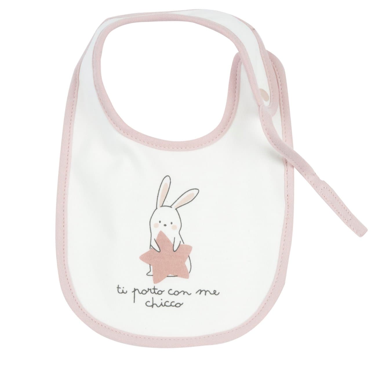 Bavaglino Con Laccetto Porta Succhietto | Chicco Bavaglino Chicco rosa in interlock per bambina, con spugna sul retro, grafica stampata, apertura regolabile con bottoni automatici e laccetto porta succhietto, ideale per autunno/inverno. | Chicco