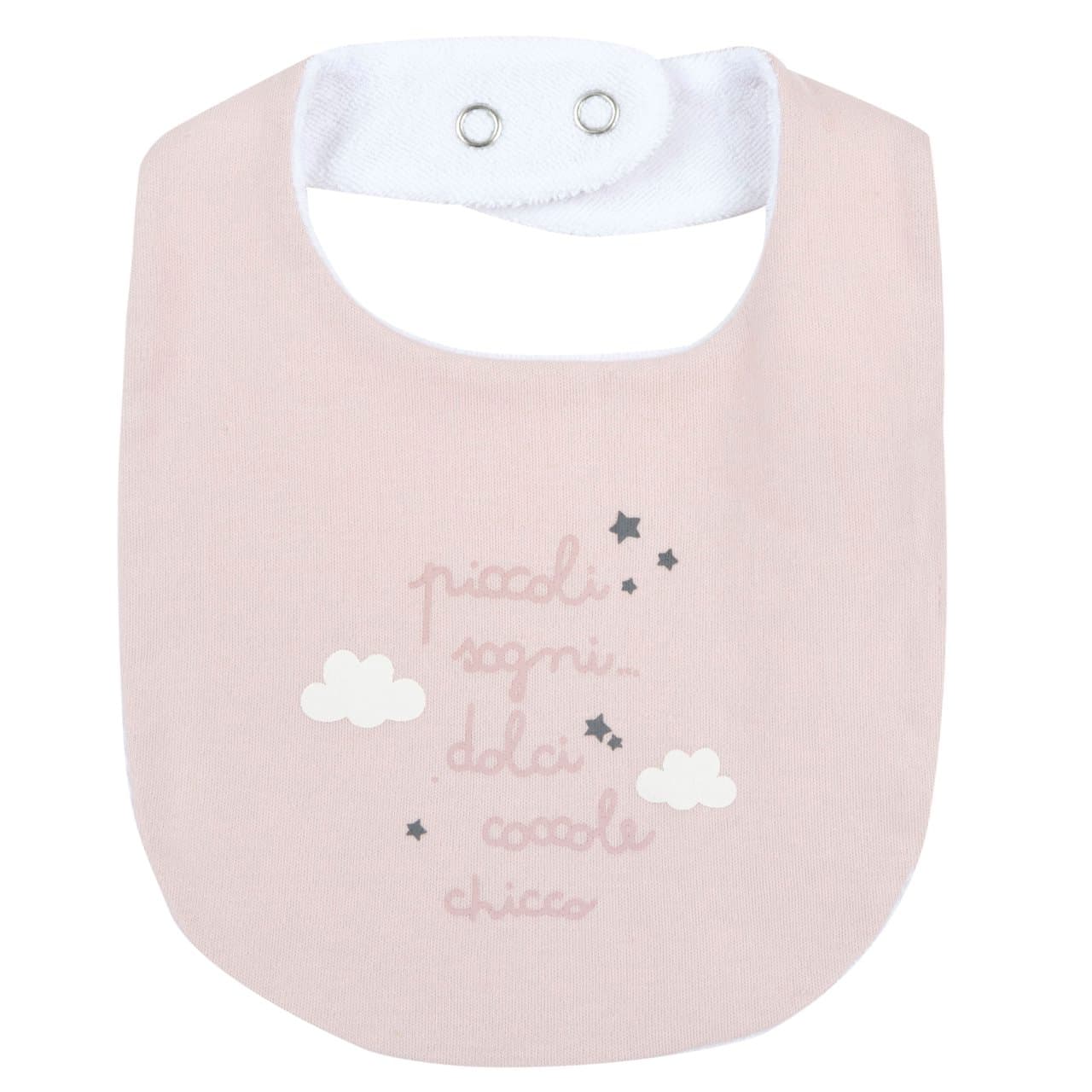 Bavaglino Stampato | Chicco Bavaglino Chicco rosa stampato per bambina, in tessuto interlock con retro in spugna, ideale per autunno/inverno, con chiusura automatica regolabile. | Chicco