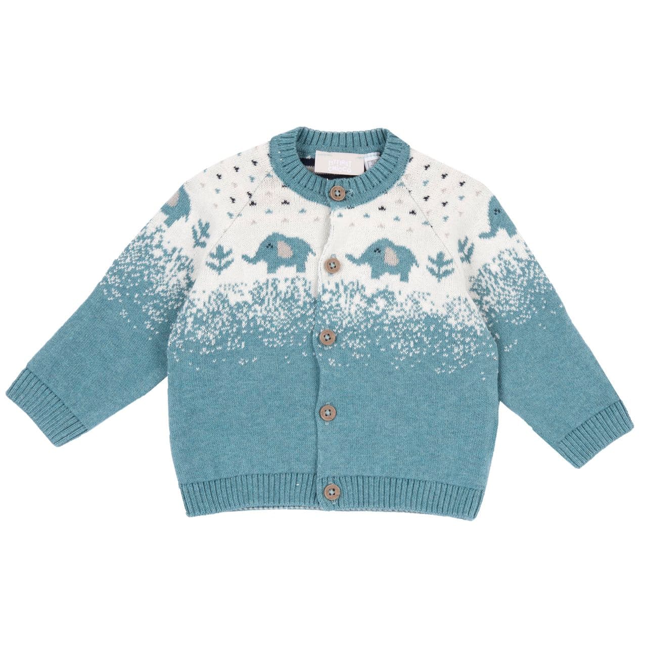 Cardigan In Maglia | Chicco Cardigan azzurro Chicco in maglia misto cotone e lana mélange con disegno jacquard sfumato di elefantini e bottoni effetto legno. | Chicco
