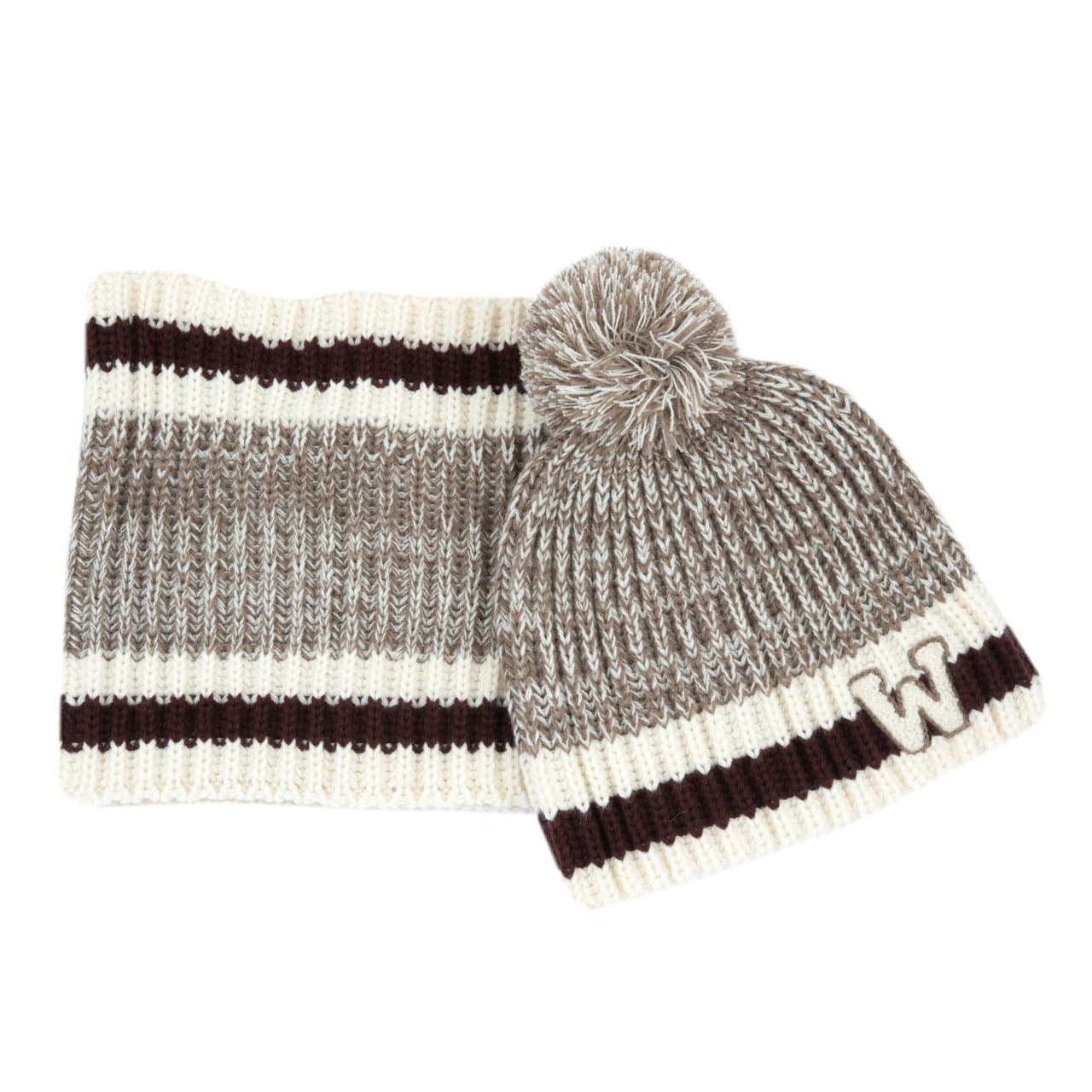 Set Cappello Con Collo | Chicco Set cappello e scaldacollo Chicco beige e marrone mélange in maglia a coste con applicazione in punto spugna, per bambino. | Chicco