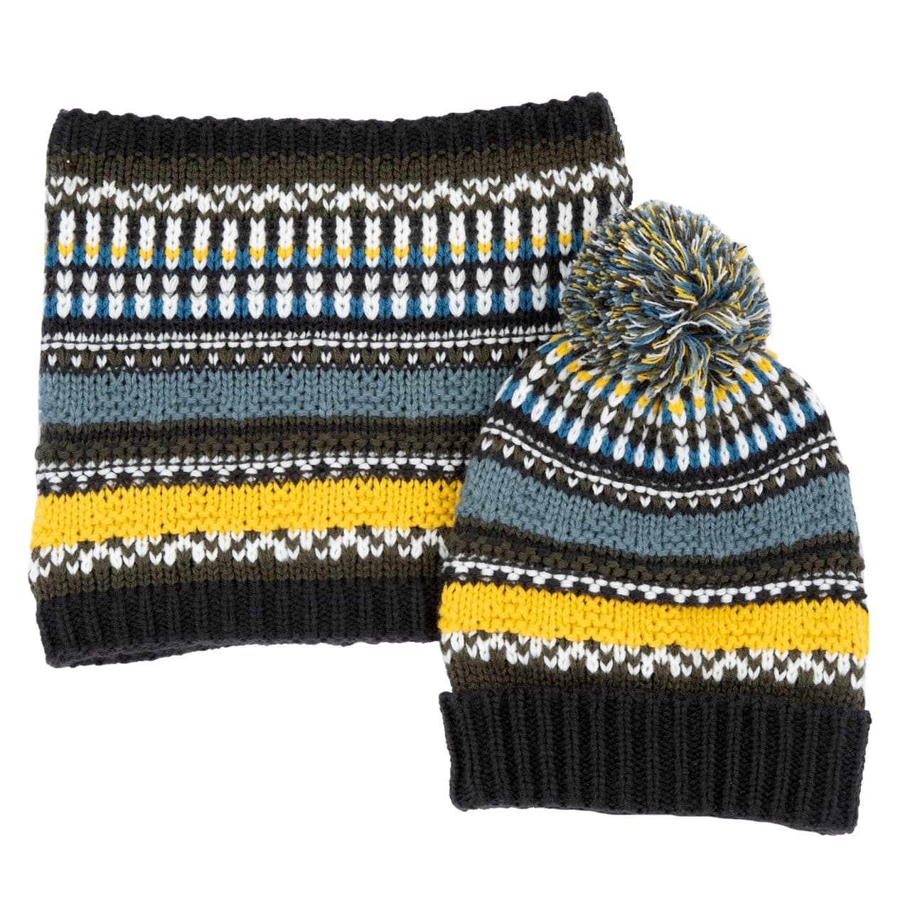 Set Cappello Con Collo Disegno Jaquard | Chicco Set cappello con scaldacollo ad anello Chicco grigio in maglia jacquard con pon pon multicolore, ideale per bambino autunno/inverno. | Chicco