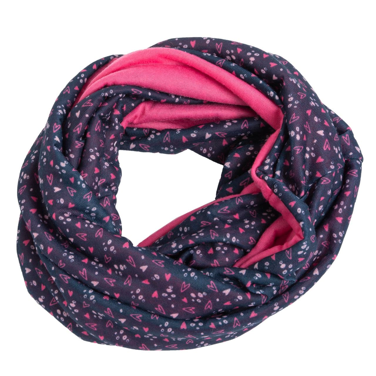 Scaldacollo Ad Anello Doppio | Chicco Scaldacollo ad anello doppio Chicco per bambina, reversibile con cuoricini multicolor su azzurro e lato fucsia tinta unita, ideale per autunno/inverno. | Chicco