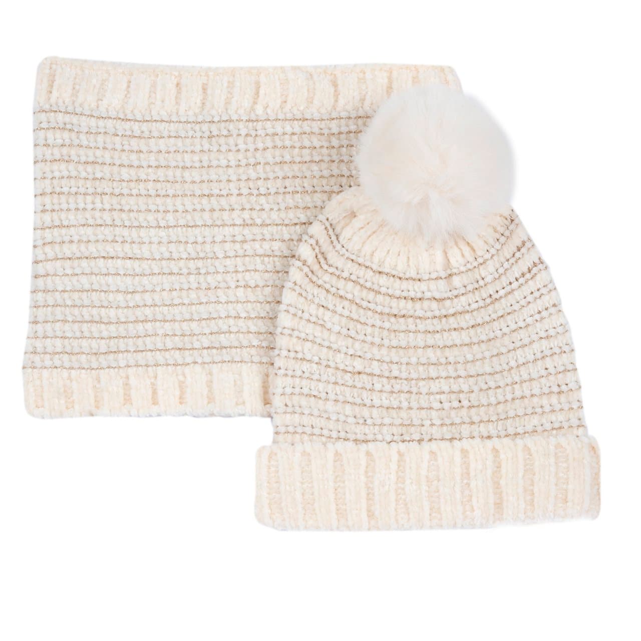 Set Cappello Con Collo | Chicco Set cappello e scaldacollo Chicco bianco latte in ciniglia per bambina, con dettagli luminosi e pompon soffice, ideale per l'autunno/inverno. | Chicco