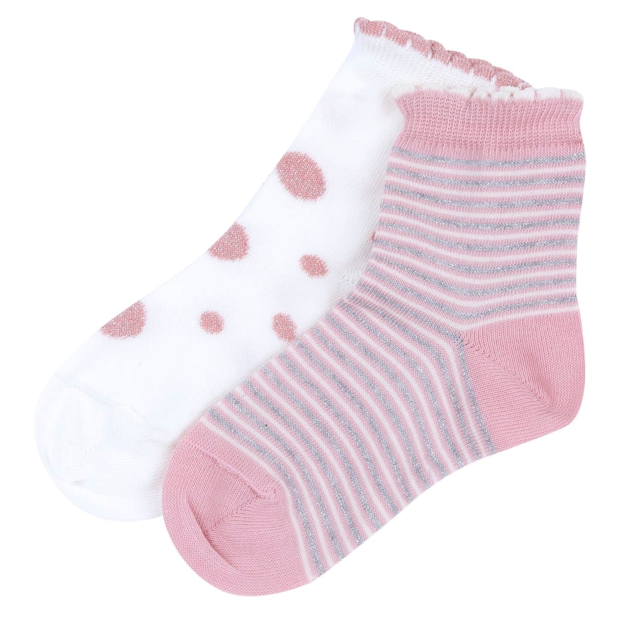Set Due Paia Calzini | Chicco Set due paia di calzini Chicco per bambina, misto cotone caldo, con lavorazione jacquard e dettagli brillanti, un paio bianco latte pois rosa e uno rosa righe argento. | Chicco