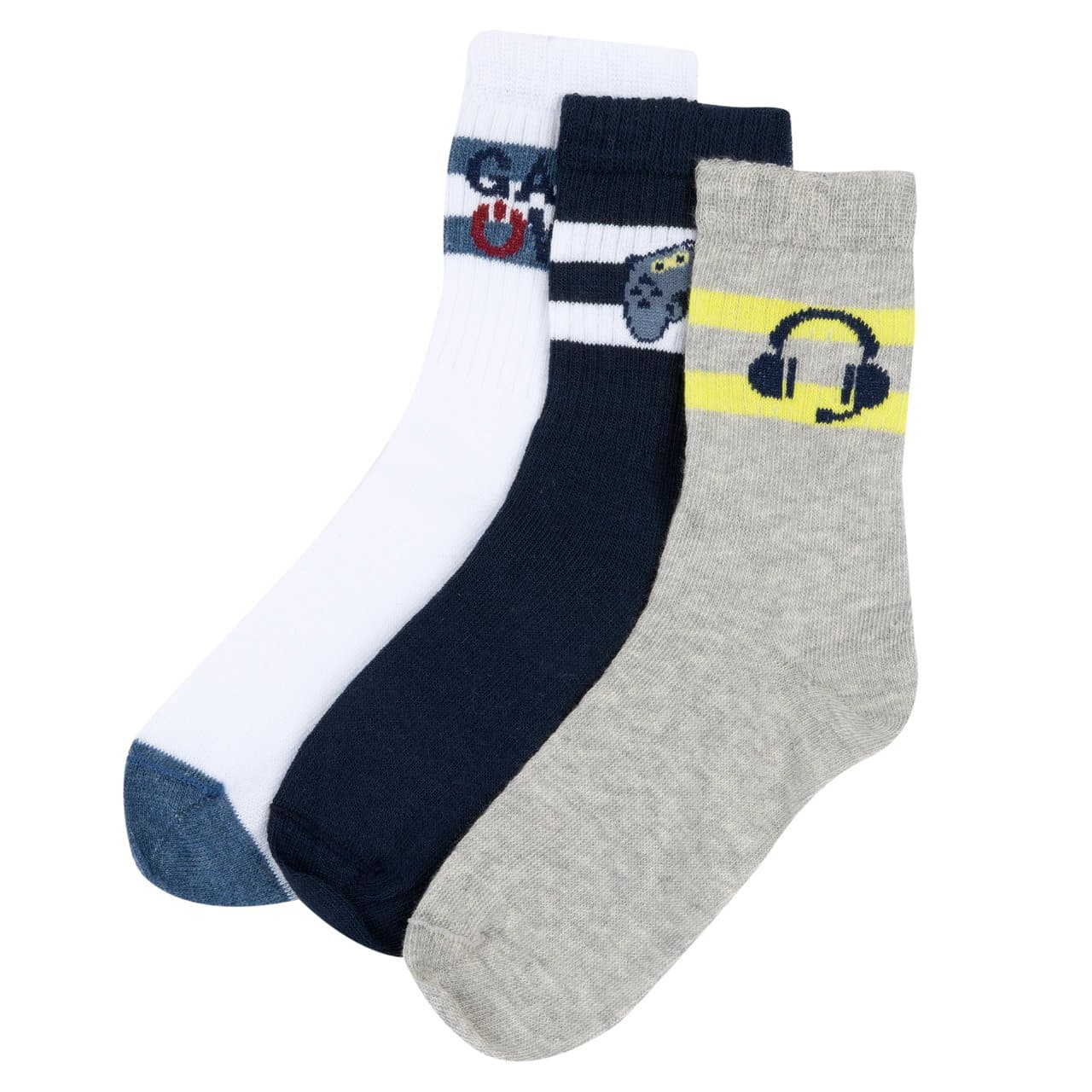 Set Tre Paia Calzini | Chicco Set tre paia di calzini mezza gamba Chicco per bambino in misto cotone a costine, con righe e dettagli jacquard, nei colori blu, bianco latte e grigio. | Chicco