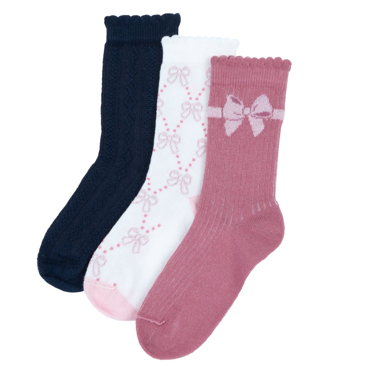 Set Tre Paia Calzini | Chicco Set tre paia calzini mezza gamba Chicco bambina autunno/inverno in misto cotone, con polsino smerlato, nei colori rosa antico, bianco latte e blu. | Chicco