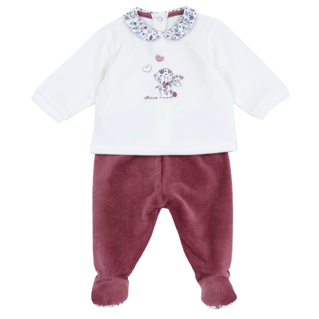 Completo Maglia E Pantaloni Con Piedini | Chicco Completo Chicco rosa in ciniglia per bambina, con maglia a fantasia floreale ricamata e pantaloni con piedini elasticizzati a costine, ideale autunno/inverno. | Chicco