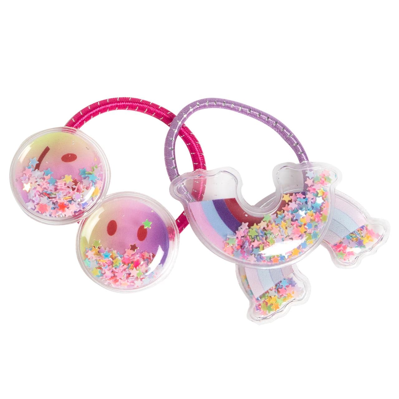 Confezione Di Due Elastici Per Capelli | Chicco Confezione di due elastici per capelli Chicco da bambina, uno con unicorno trasparente e stelline, l'altro con faccine sorridenti trasparenti e stelline, in rosa e fucsia. | Chicco