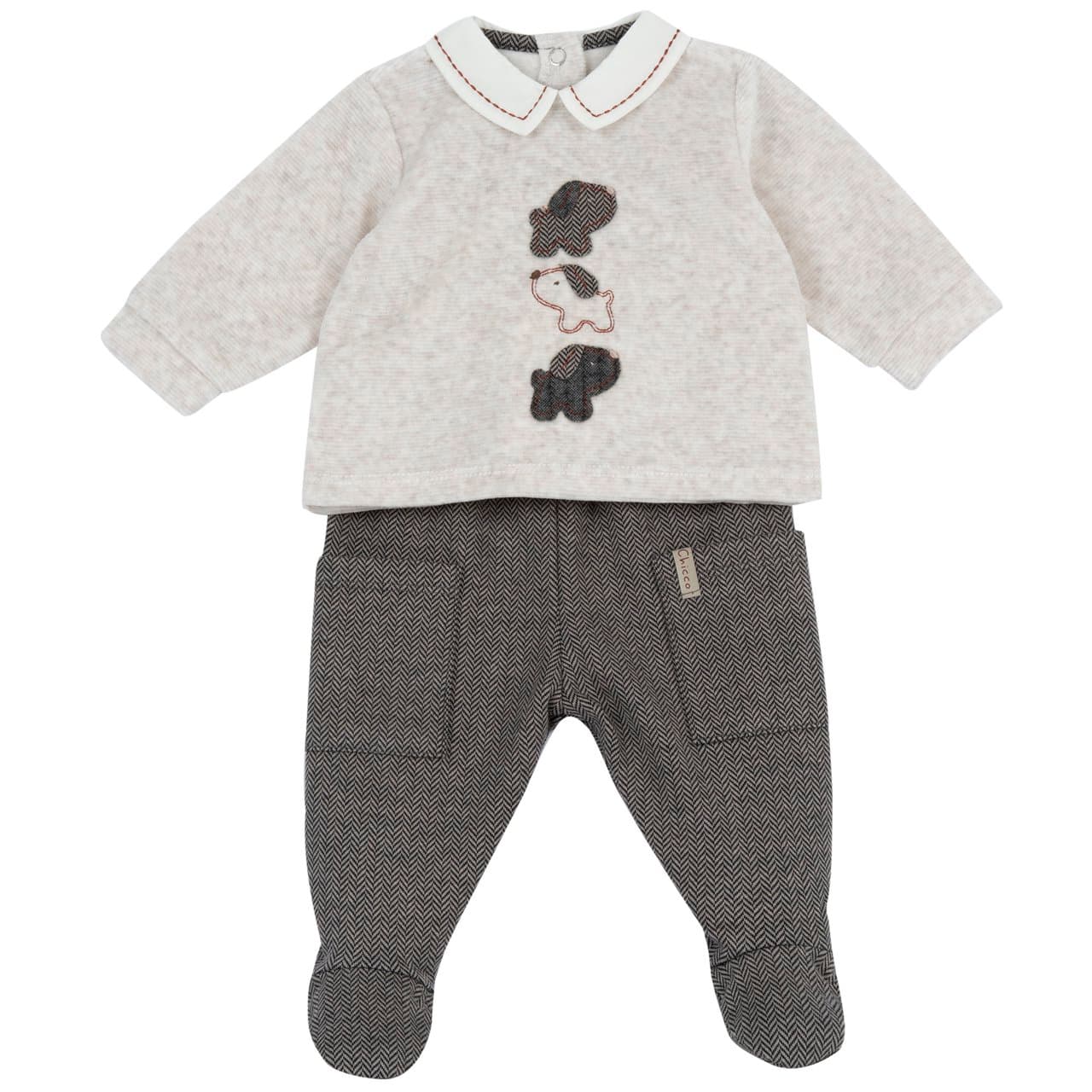 Completo Maglia E Pantaloni Con Piedini | Chicco Completo Chicco neonato marrone in ciniglia a coste e interlock jacquard, maglia con colletto ricamato e pantaloni con piedini, certificato Oeko-Tex. | Chicco