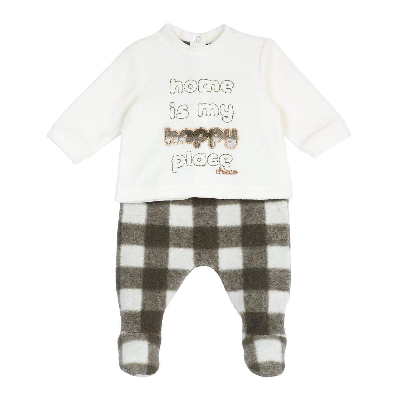Completo Maglia E Pantaloni Con Piedini | Chicco Completo Chicco per neonato in ciniglia bianca con grafica ricamata e pantaloni a quadri con piedini, ideale per autunno/inverno. | Chicco